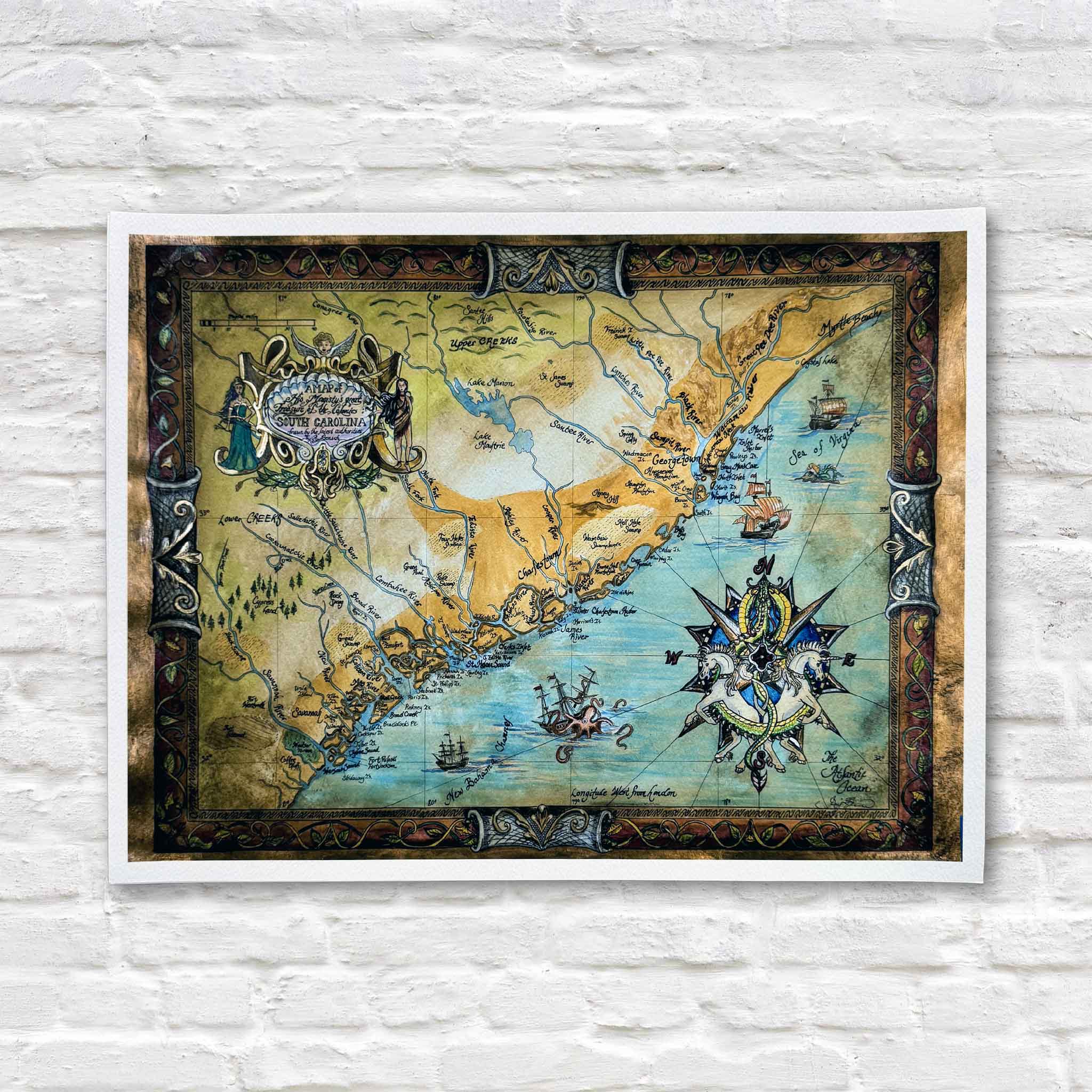 Vintage-style illustrated Lowcountry map by April Bensch featuring coastal landmarks, sea creatures, and a decorative border.