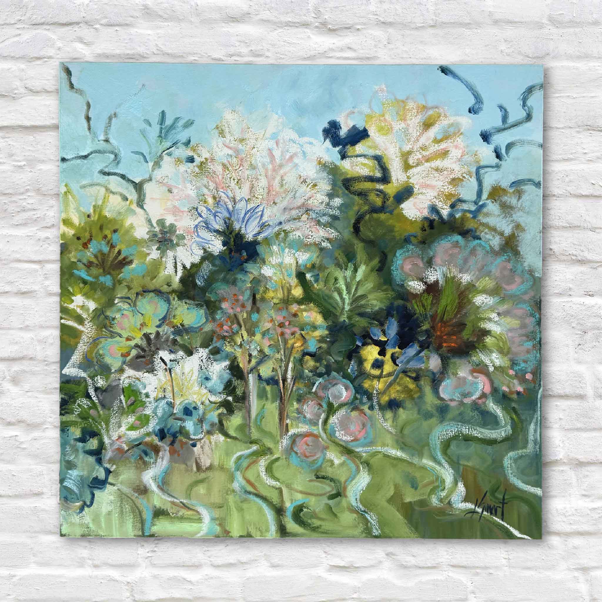 Glorious Sea Fans by Libby Smart, a 36 × 36 original oil painting on gallery-wrapped canvas featuring an expressive coastal botanical landscape with layered sea fans, flowering foliage, seafoam greens, tranquil blues, warm coral accents, and luminous white highlights. Painted with rich texture and energetic brushwork, this contemporary coastal artwork is available at Gray Man Gallery in Pawleys Island, South Carolina.