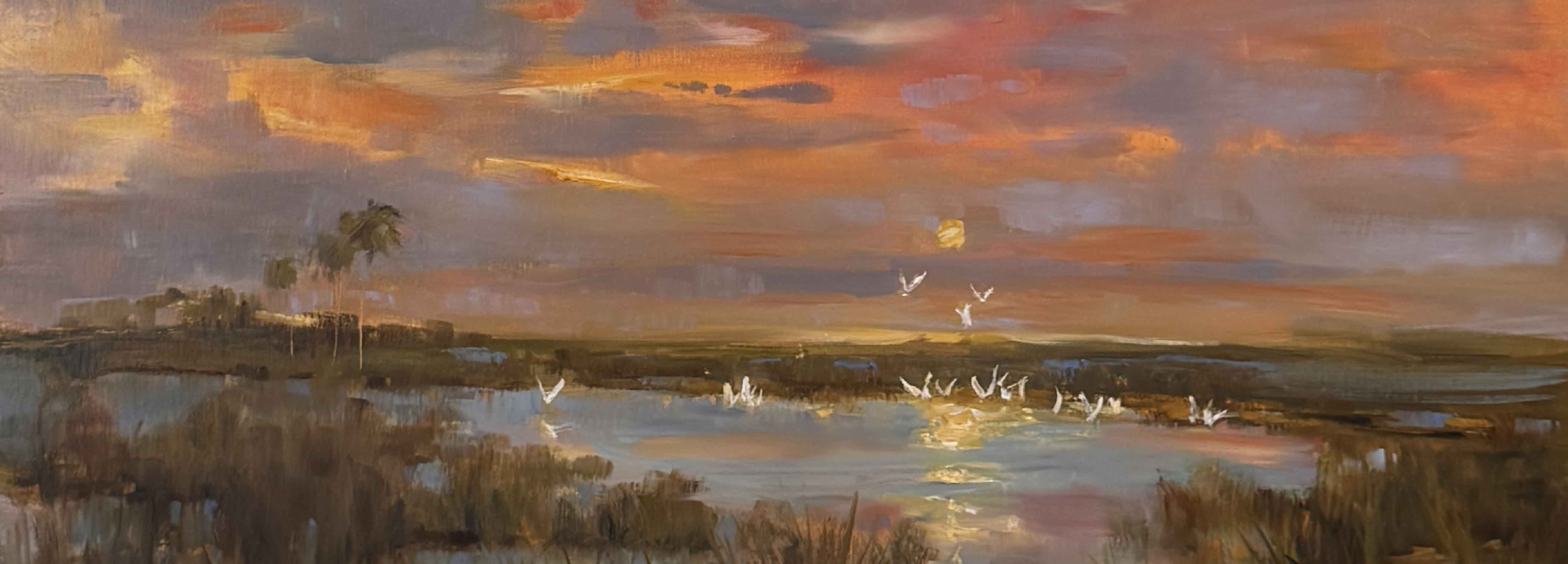 Warm Lowcountry marsh sunset painting with glowing orange and pink sky reflected in tidal water, white coastal birds lifting from the marsh, and soft grasses in the foreground, available at Gray Man Gallery in Pawleys Island