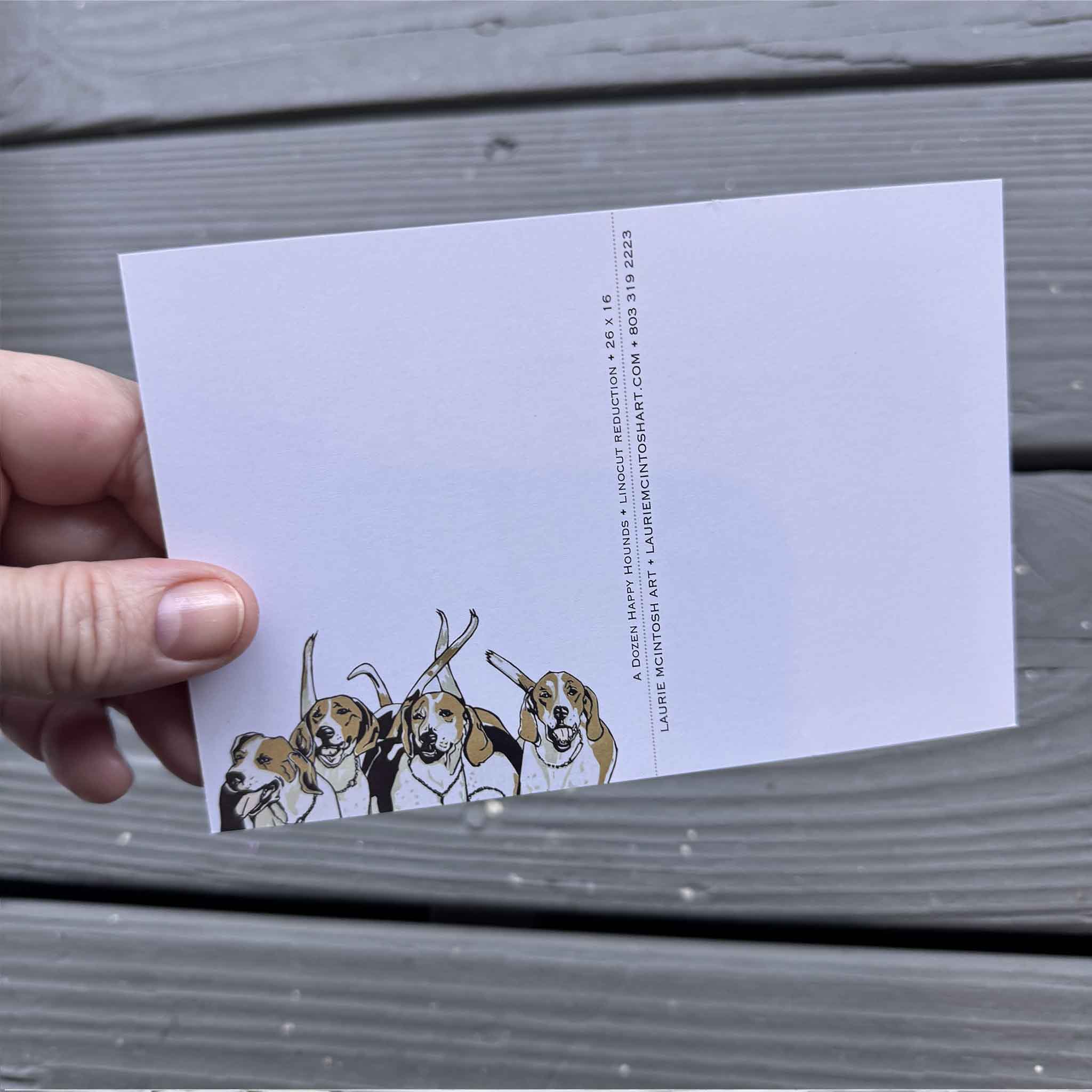 Set of five Laurie McIntosh postcards featuring Jelly Dance, Git Dat Net, Nelli Pelli, A Dozen Happy Hounds, and White Pelicans from her original linocut reduction series, printed on matte cardstock.