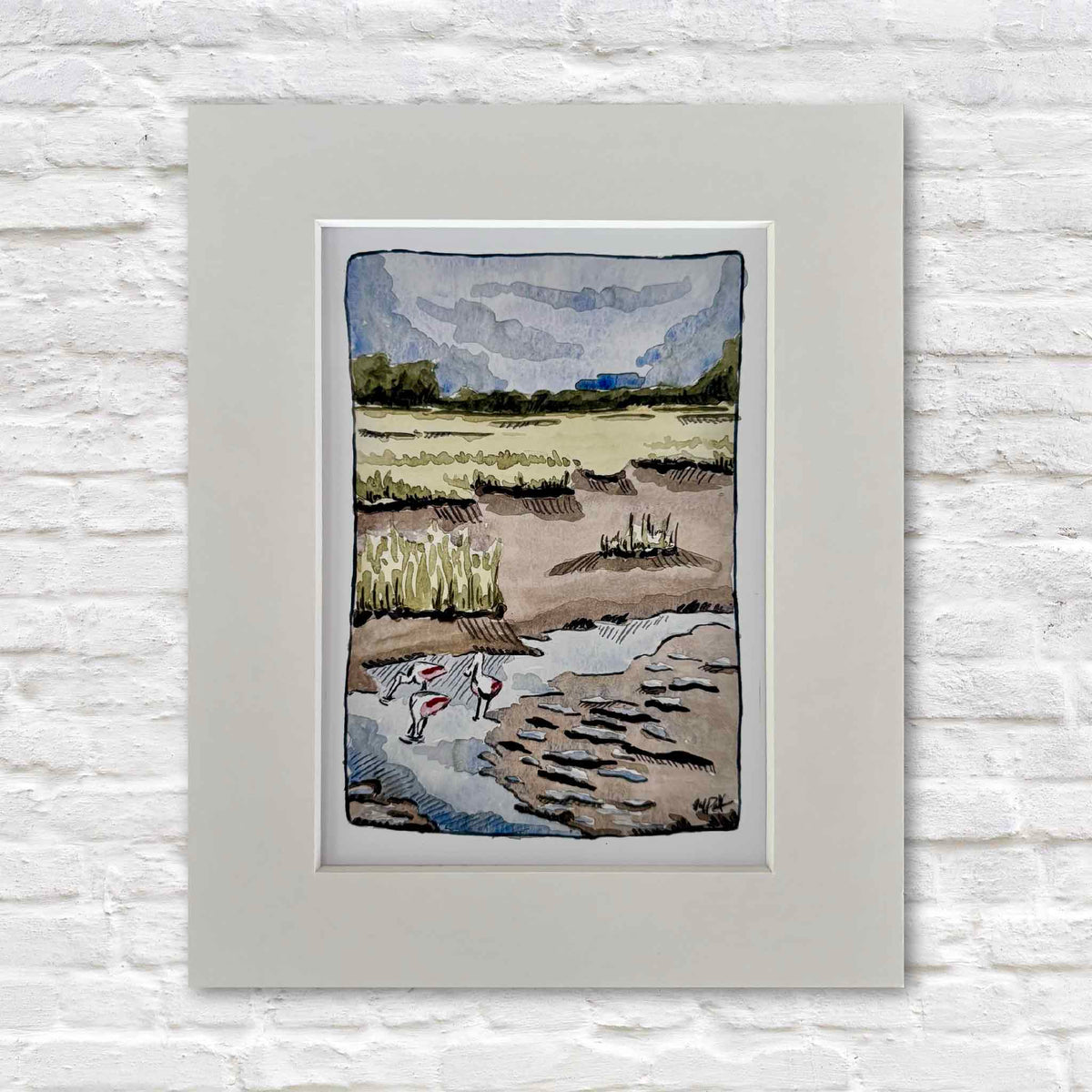 Following the Tide 8x10 matted fine art giclée print by South Carolina artist Maggie Pelton, depicting roseate spoonbills wading among tidal creeks, mudflats and marsh grass in the Lowcountry, professionally matted and available at Gray Man Gallery in Pawleys Island, SC.