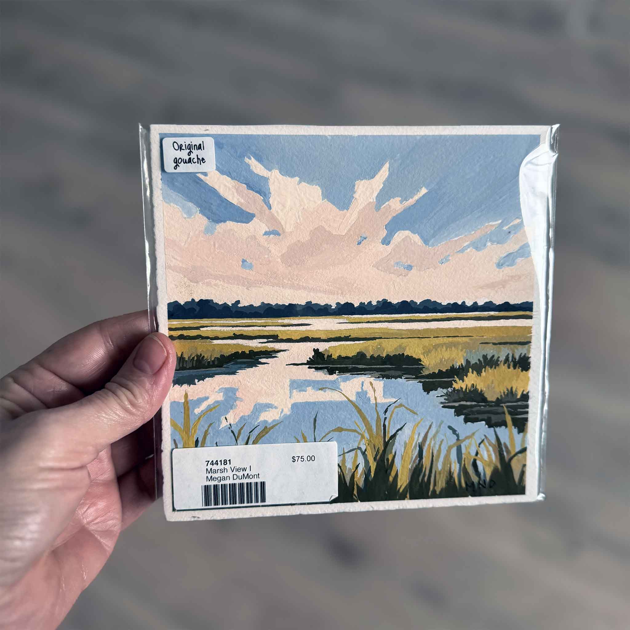 Marsh View I by Megan DuMont — 6x6 gouache painting of a Lowcountry marsh with sculptural clouds, layered grasses, and winding tidal creeks on deckled-edge paper.