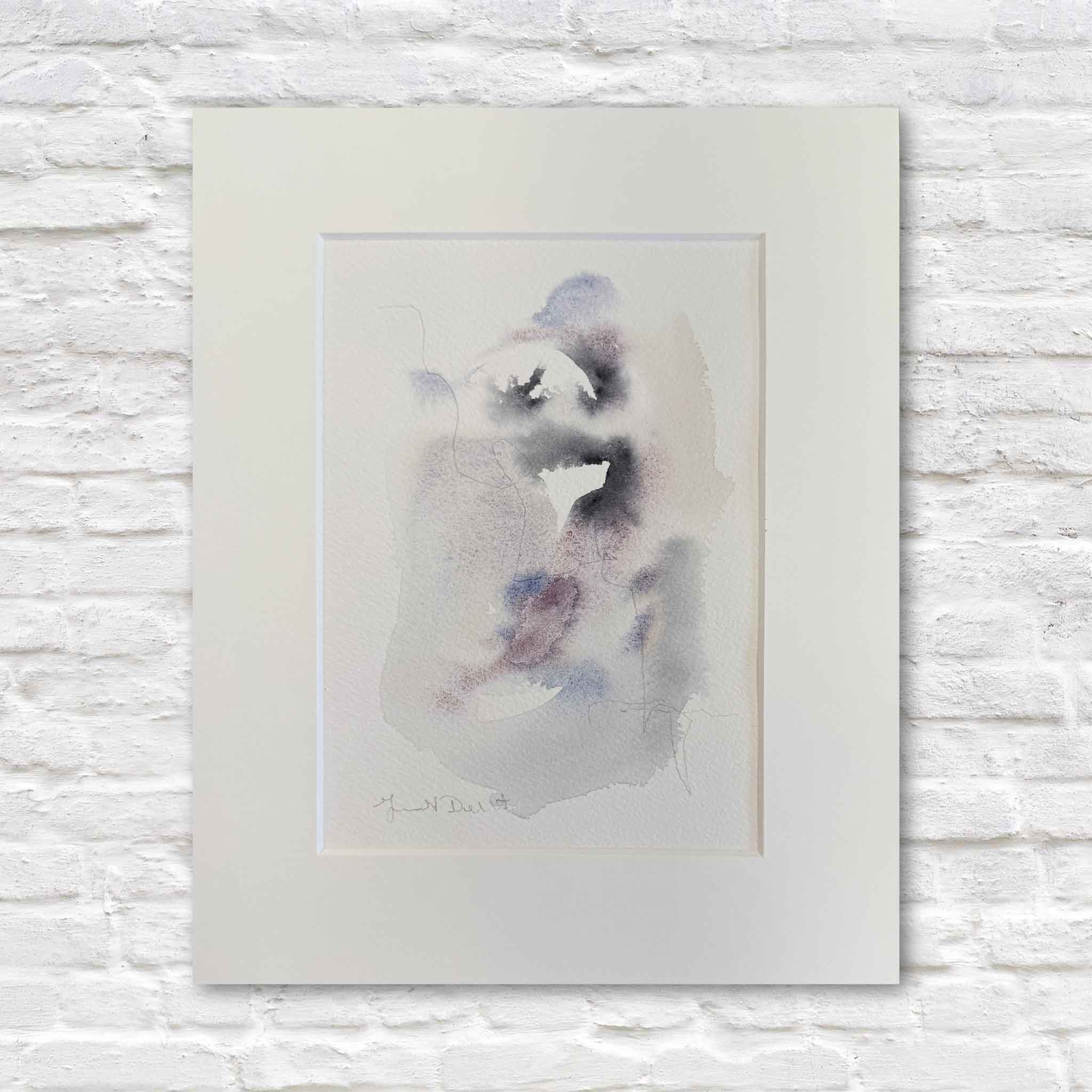 Original watercolor oyster study by Lowcountry artist Megan DuMont, featuring soft abstract washes of gray, lavender, blue, and blush inspired by tidal movement and South Carolina oyster shells. Professionally matted to fit a standard 8x10 frame and available at Gray Man Gallery in Pawleys Island, SC.