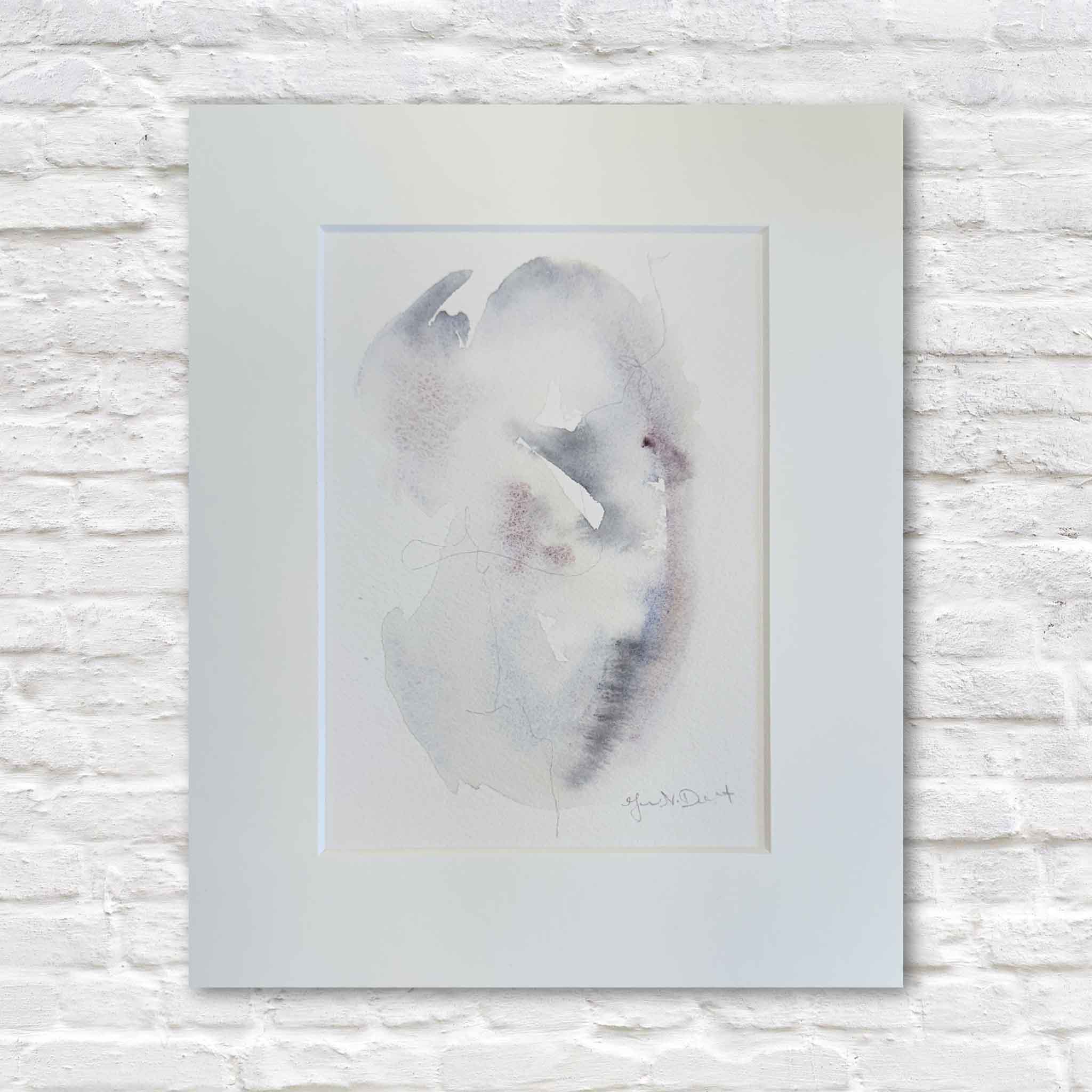 Abstract original watercolor by Lowcountry artist Megan DuMont inspired by oyster shells, tidal currents, and marsh light. Soft layers of gray, blush, and blue create a delicate coastal composition matted to fit a standard 8x10 frame.