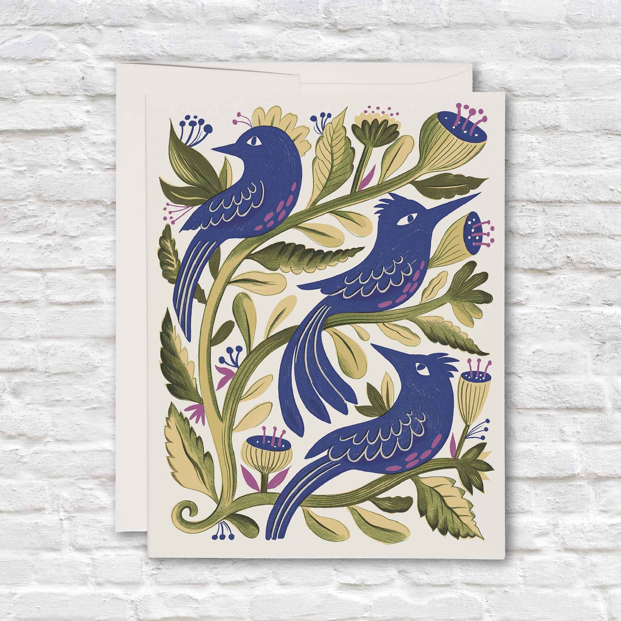 Purple Birds boxed notecard set illustrated by Melissa Castrillon, featuring three cobalt blue birds surrounded by colorful botanical leaves and flowers, available at Gray Man Gallery in Pawleys Island, SC.
