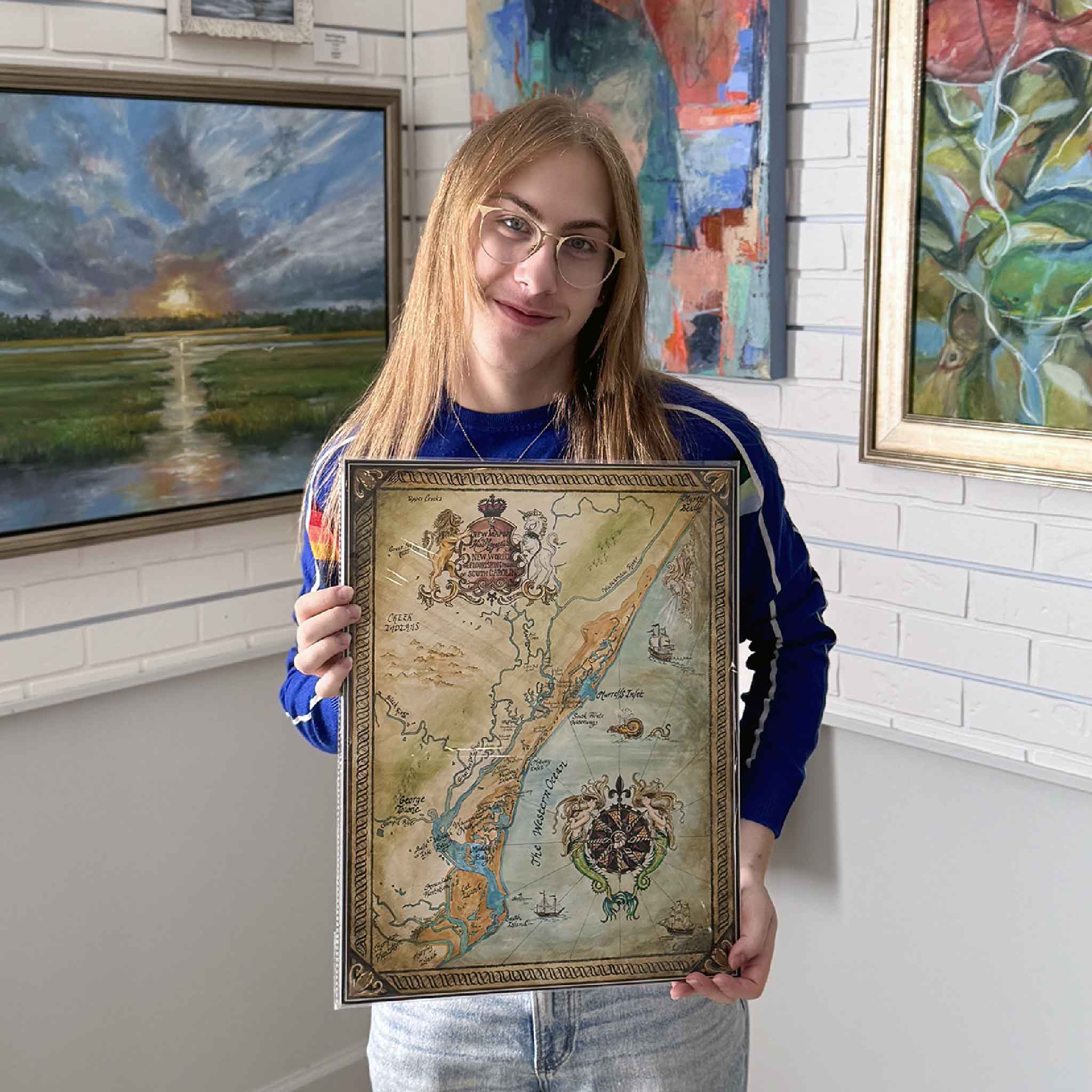 Medium-size ‘Mermaids & Marshlands’ illustrated Lowcountry map featuring mermaids, waterways, and historic coastal details.