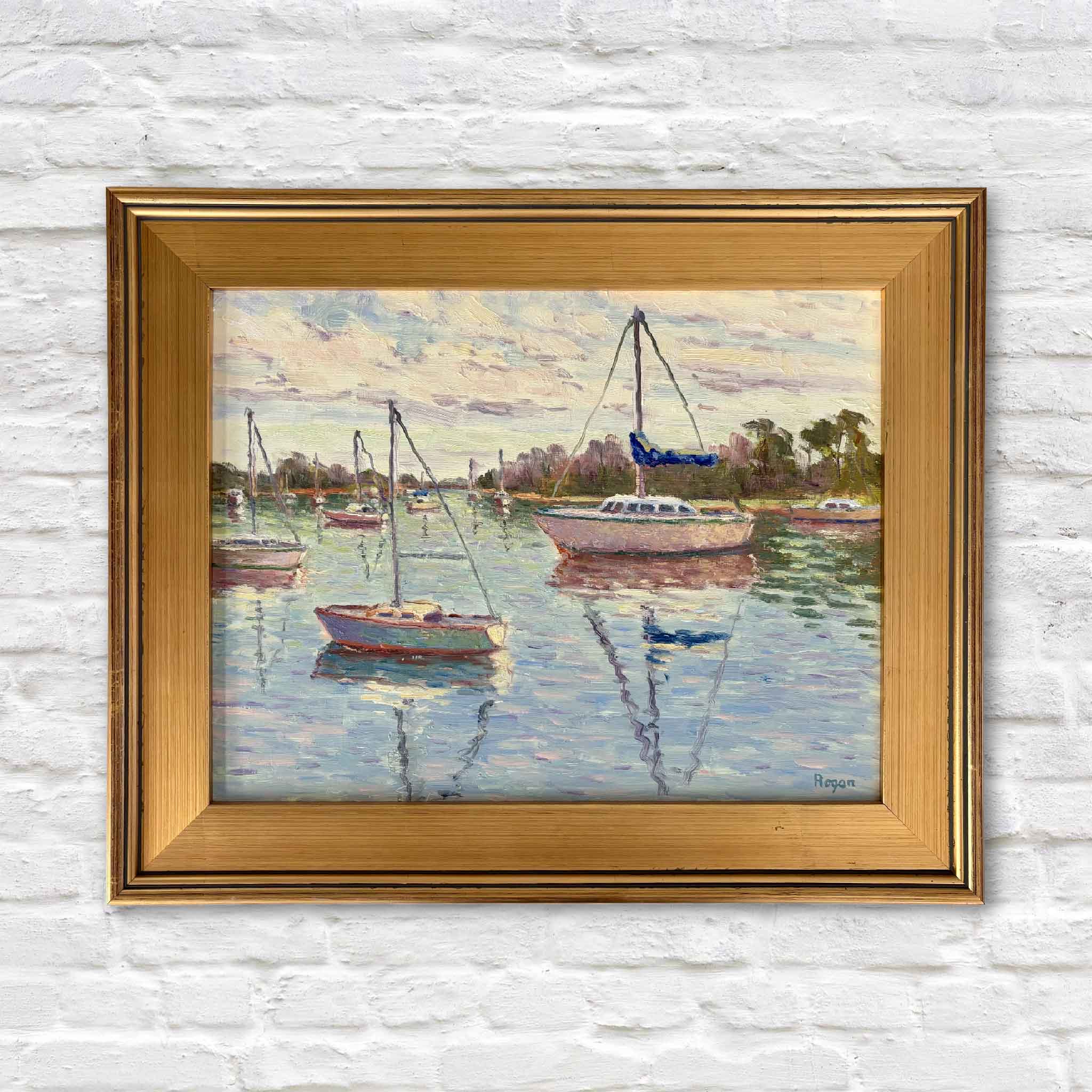 Original oil painting Morning Harbor Reflections by Michael Rogan, painted en plein air in Georgetown, South Carolina, featuring sailboats resting in Georgetown Harbor with shimmering reflections on calm morning water. Available at Gray Man Gallery in Pawleys Island.