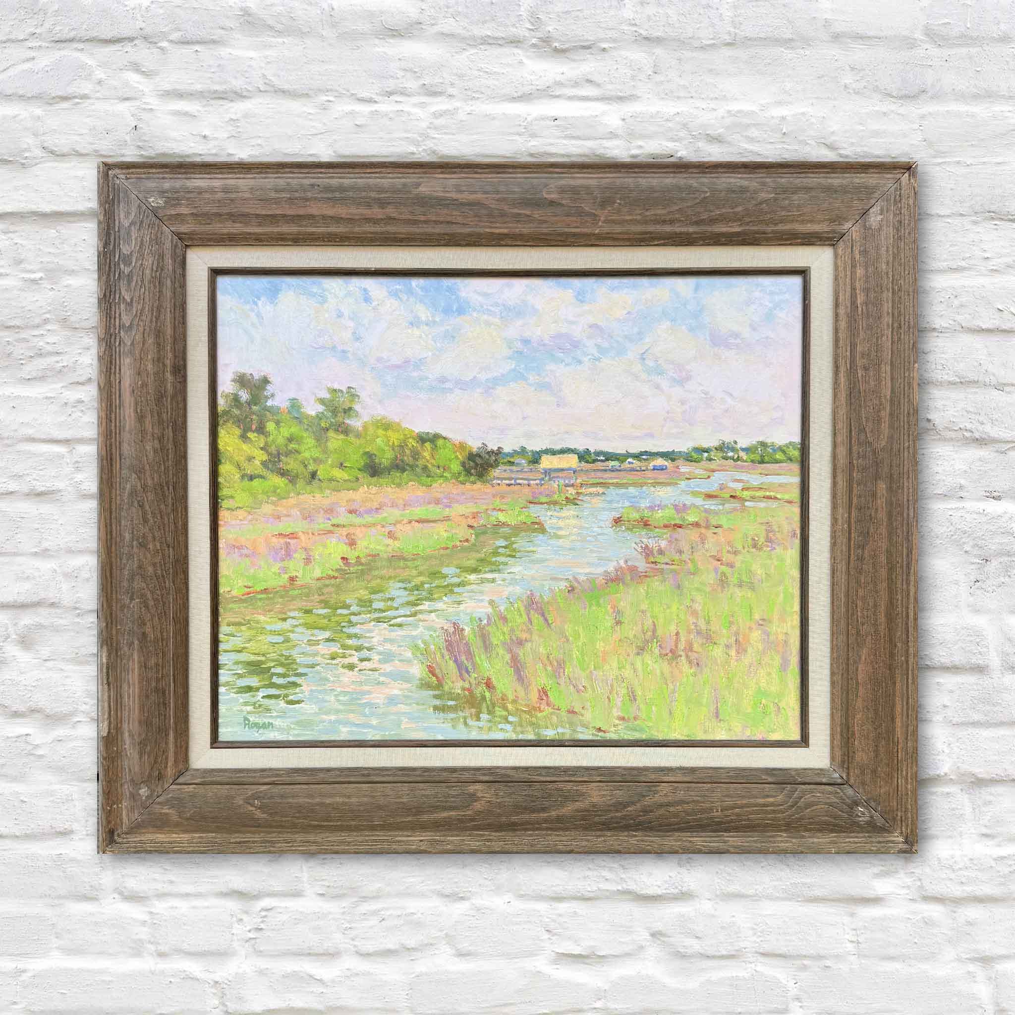 Spring at Litchfield by local South Carolina artist Michael Rogan is an original Lowcountry oil painting featuring winding tidal creeks, luminous spring marsh grasses, and soft coastal light, professionally framed and available at Gray Man Gallery in Pawleys Island