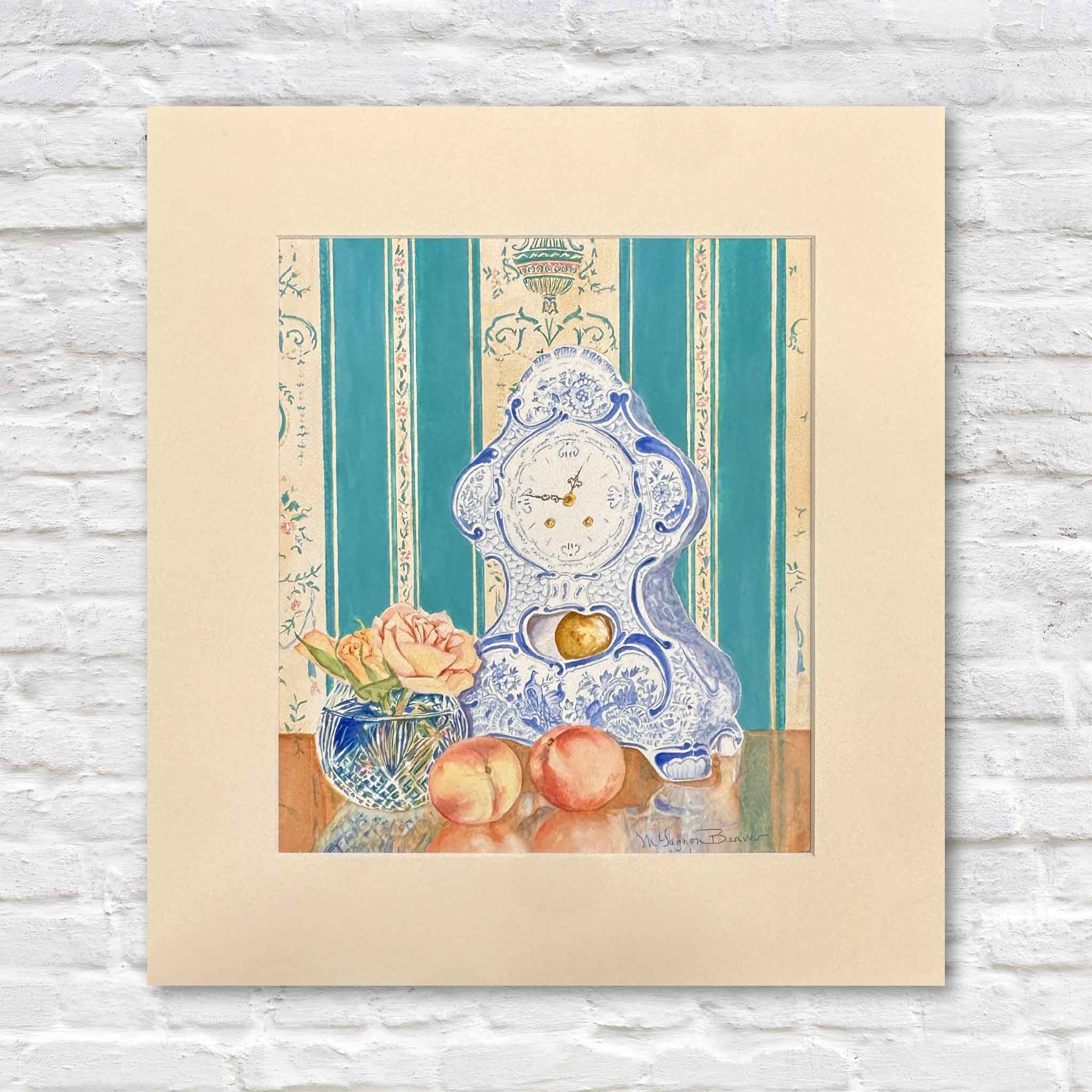Original watercolor still life by Mimi Beaver featuring a blue-and-white porcelain clock, peaches, and roses, part of the Giving Collection supporting senior dog rescue.