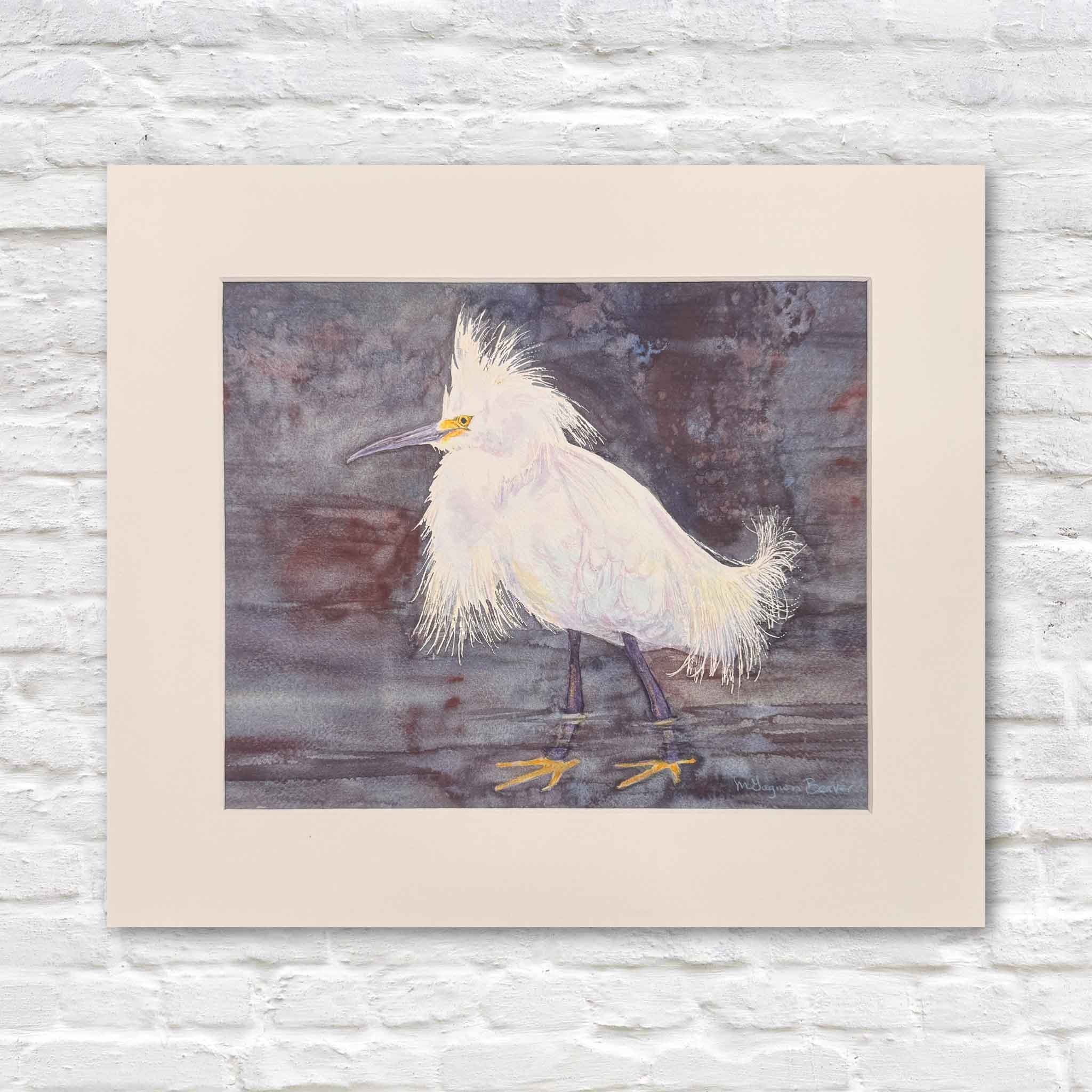 Original watercolor of a white coastal bird with windswept feathers by Mimi Beaver, part of the Giving Collection supporting senior dog rescue.