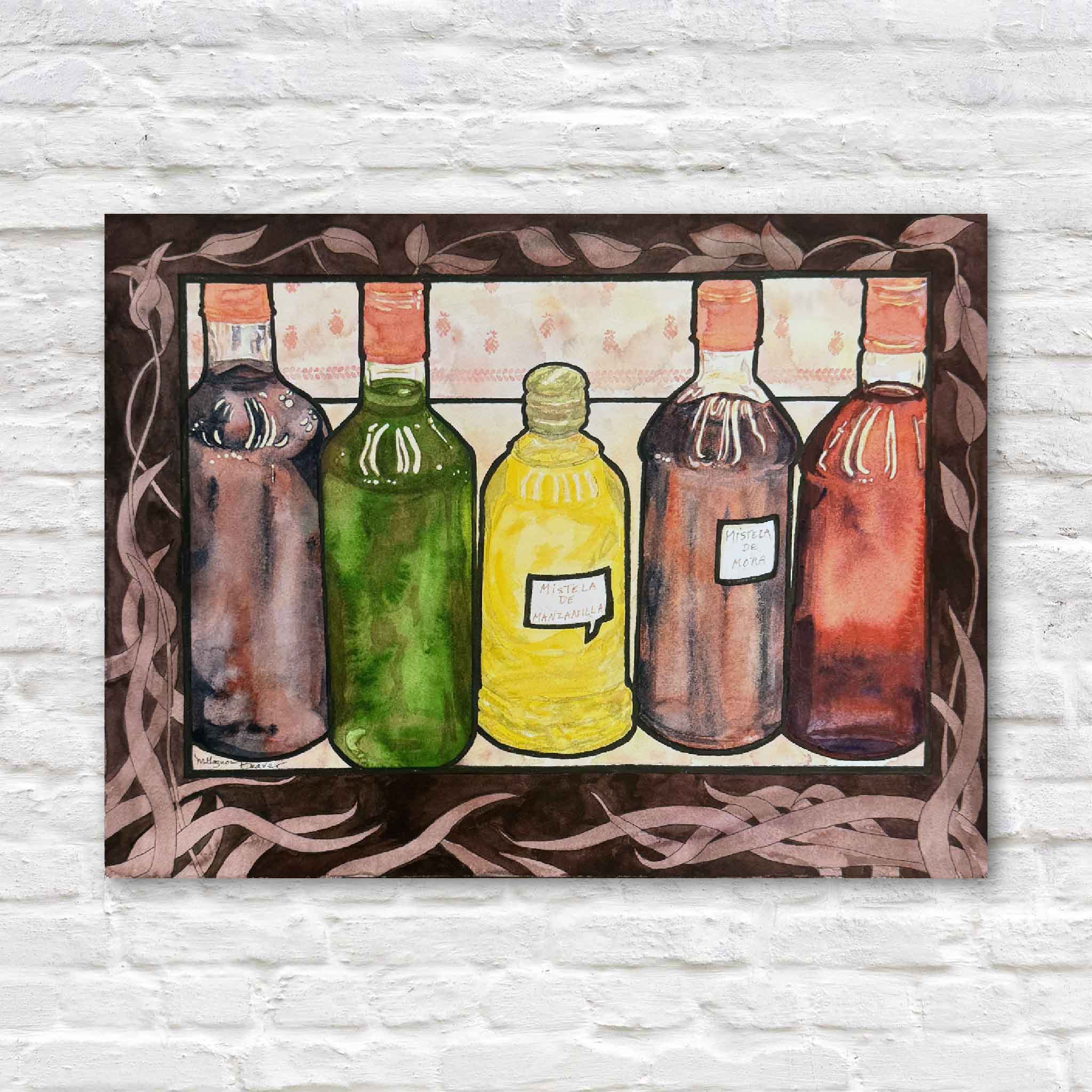Original watercolor painting by Mimi Beaver featuring five colorful mistela bottles framed by swirling vine motifs, donated to benefit senior dogs.