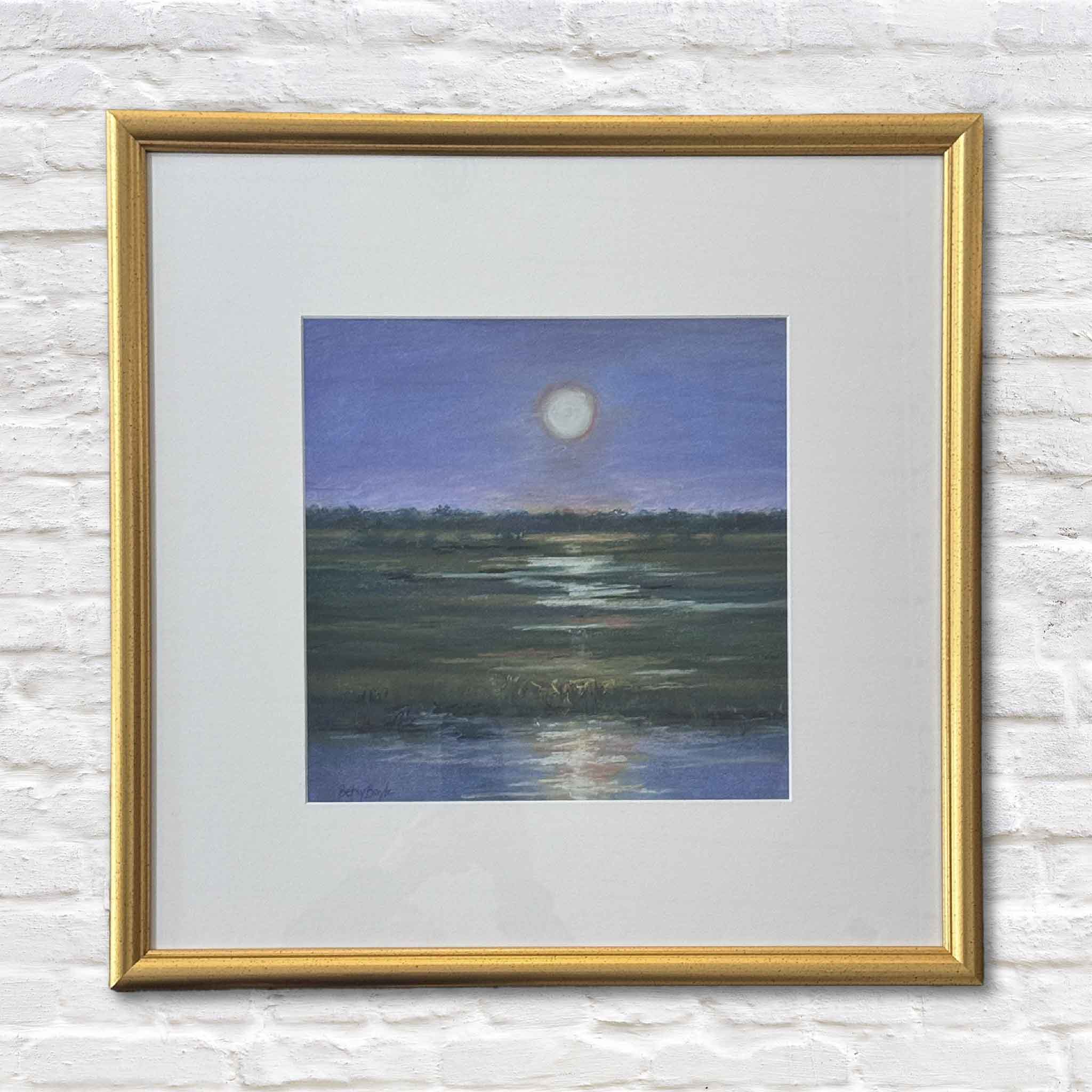 Original pastel painting “Moonlight Majesty” by local artist Betsy Boyle featuring a full moon over a Lowcountry marsh, custom framed by Gray Man Gallery in Pawleys Island, South Carolina, coastal landscape art