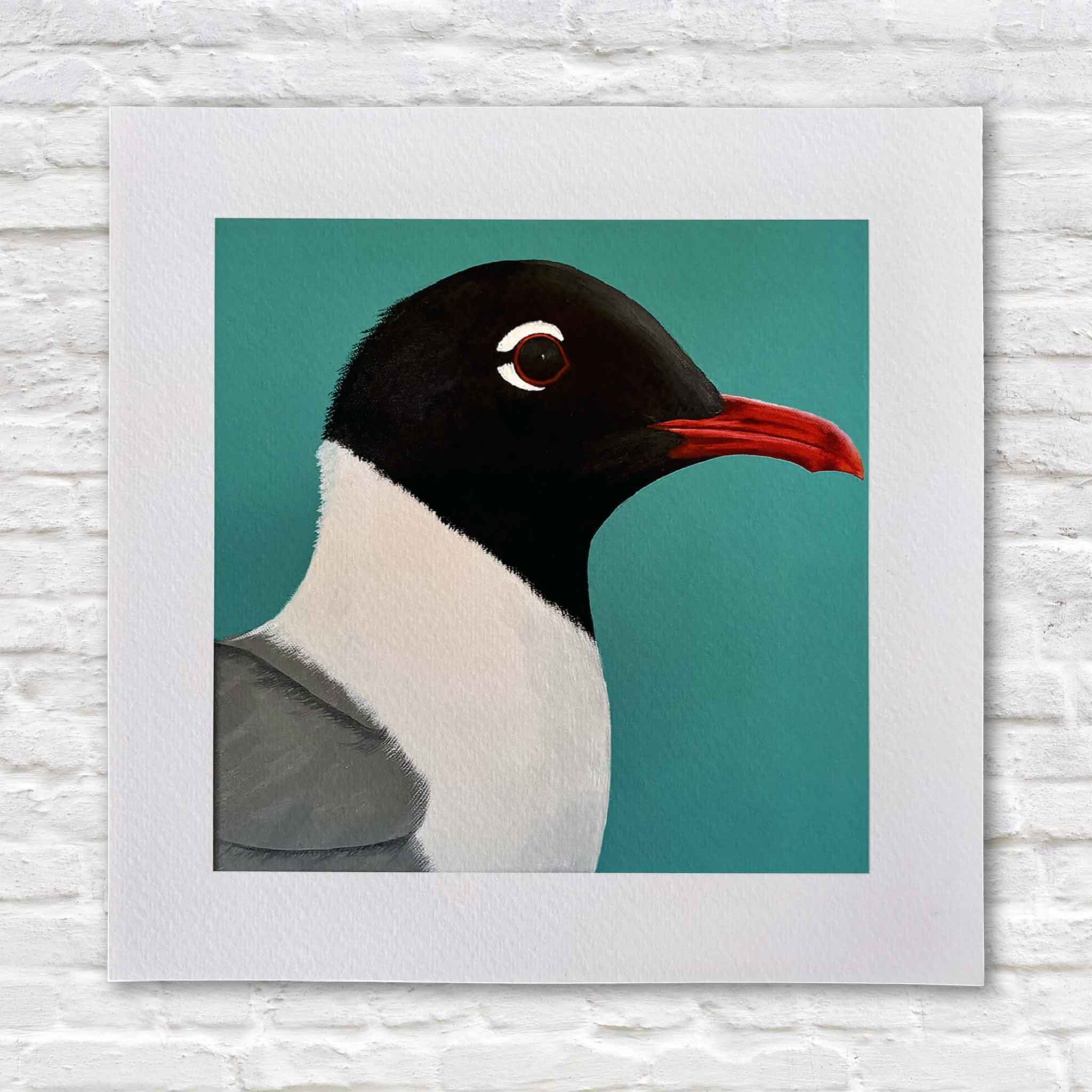 Laughing Gull bird print by Georgetown, South Carolina local artist Nancy Jones Lowe featuring a striking close-up portrait of the coastal bird with its black head, white eye ring, and bright red bill. Professionally printed on 100% cotton archival fine art paper with archival pigment inks in an 8×8 size that fits any standard 8×8 frame, available at Gray Man Gallery in Pawleys Island.