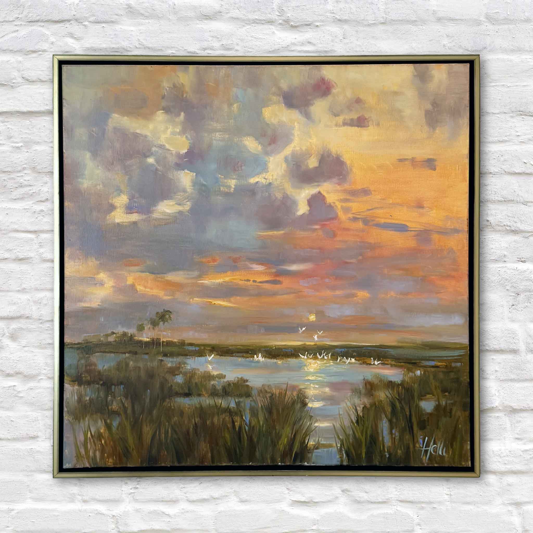 Nature’s Splendor by local artist Helli Luck featuring a glowing Lowcountry sunset over marsh and water with birds and reflective light at Gray Man Gallery Pawleys Island