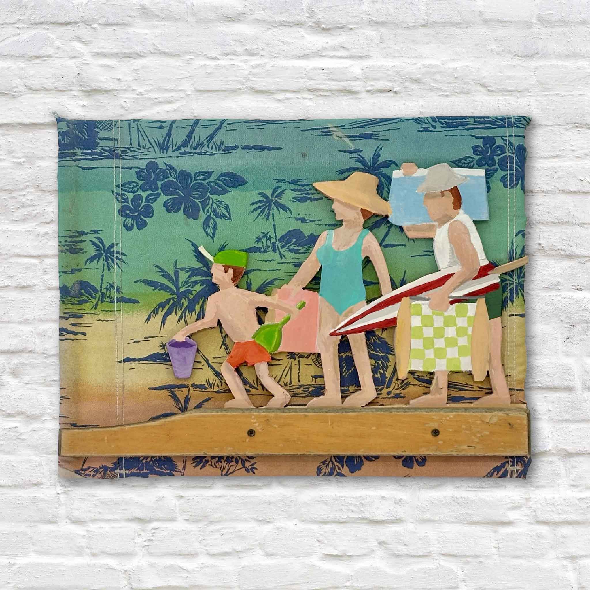 Family Going to the Beach original mixed media sculpture by Charleston artist Nick Kawczynski featuring hand-painted marine-grade plywood figures mounted on reclaimed beach chair fabric and an authentic beach chair arm. Available at Gray Man Gallery in Pawleys Island, South Carolina.