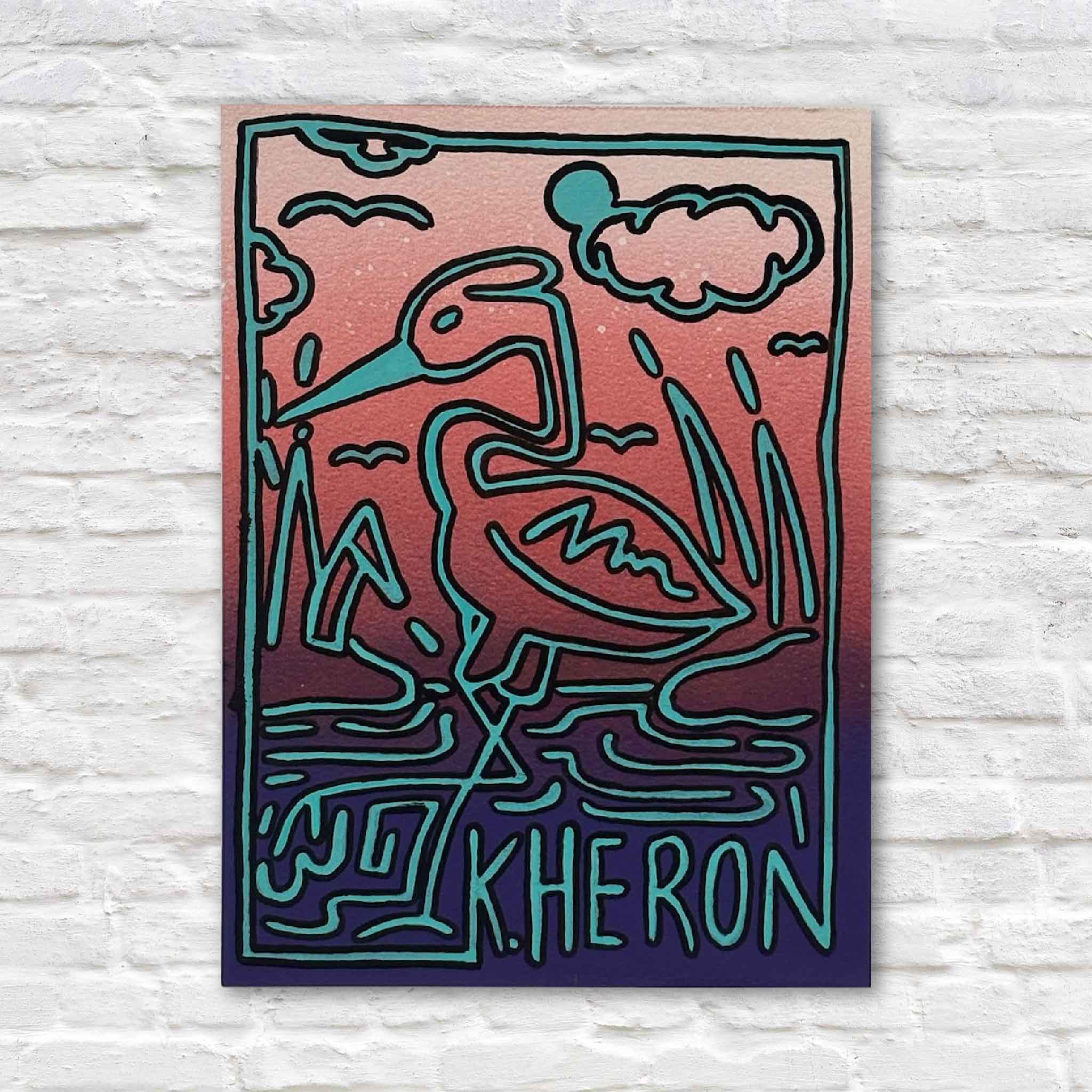 Keith Heron #1 by Charleston artist Nick Kawczynski is an original mixed media artwork featuring a Great Heron rendered in a bold, Keith Haring-inspired style with vibrant coastal colors. Available at Gray Man Gallery in Pawleys Island, South Carolina.
