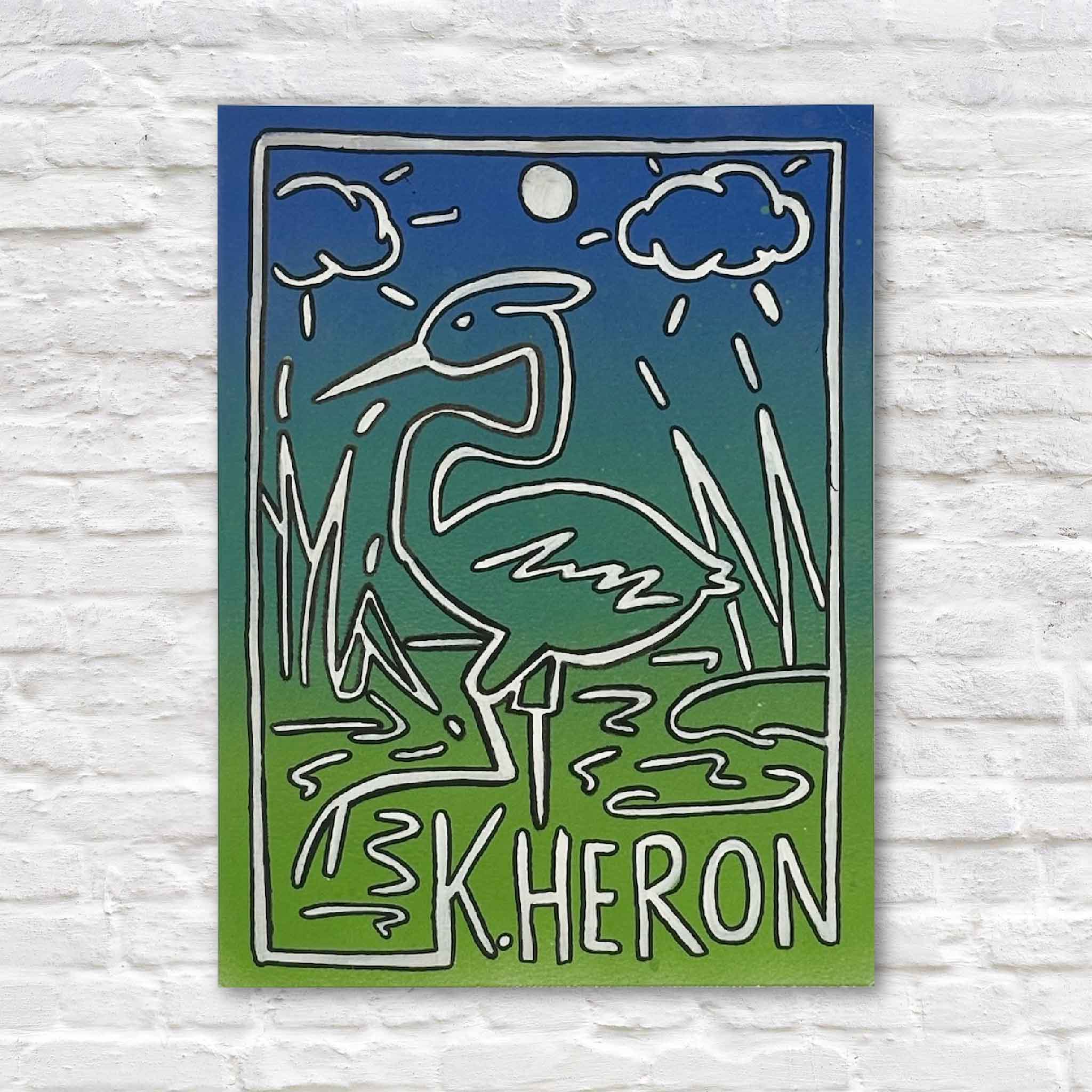 Keith Heron #2 by Charleston artist Nick Kawczynski is an original mixed media artwork featuring a Great Heron rendered in a bold, Keith Haring-inspired style with blue and green coastal hues. Available at Gray Man Gallery in Pawleys Island, South Carolina.