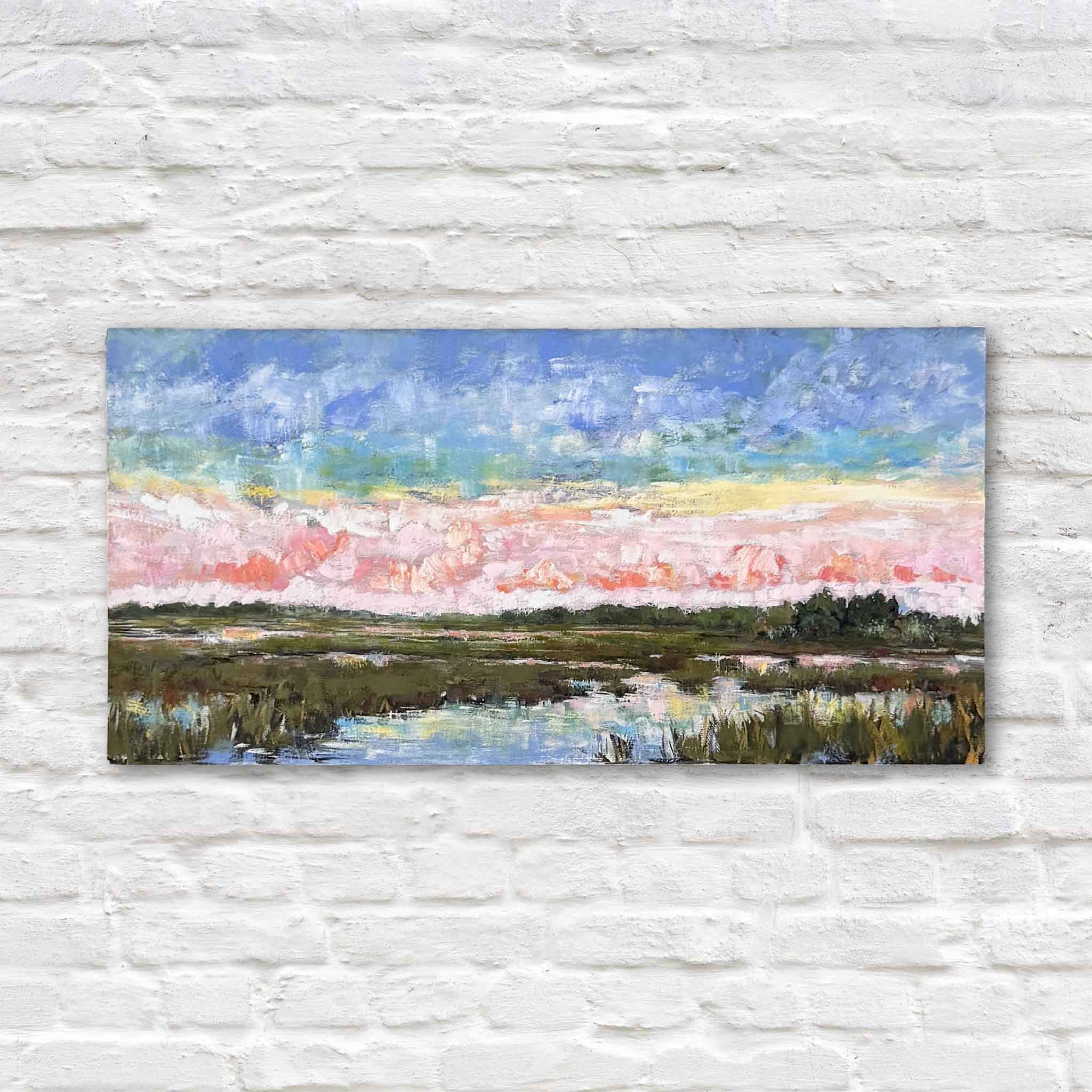 Hand-embellished giclée print with gouache by local Lowcountry artist Jeanne O’Neal titled “No Regrets Today,” featuring a panoramic marsh sunset in coastal South Carolina, available at Gray Man Gallery in Pawleys Island