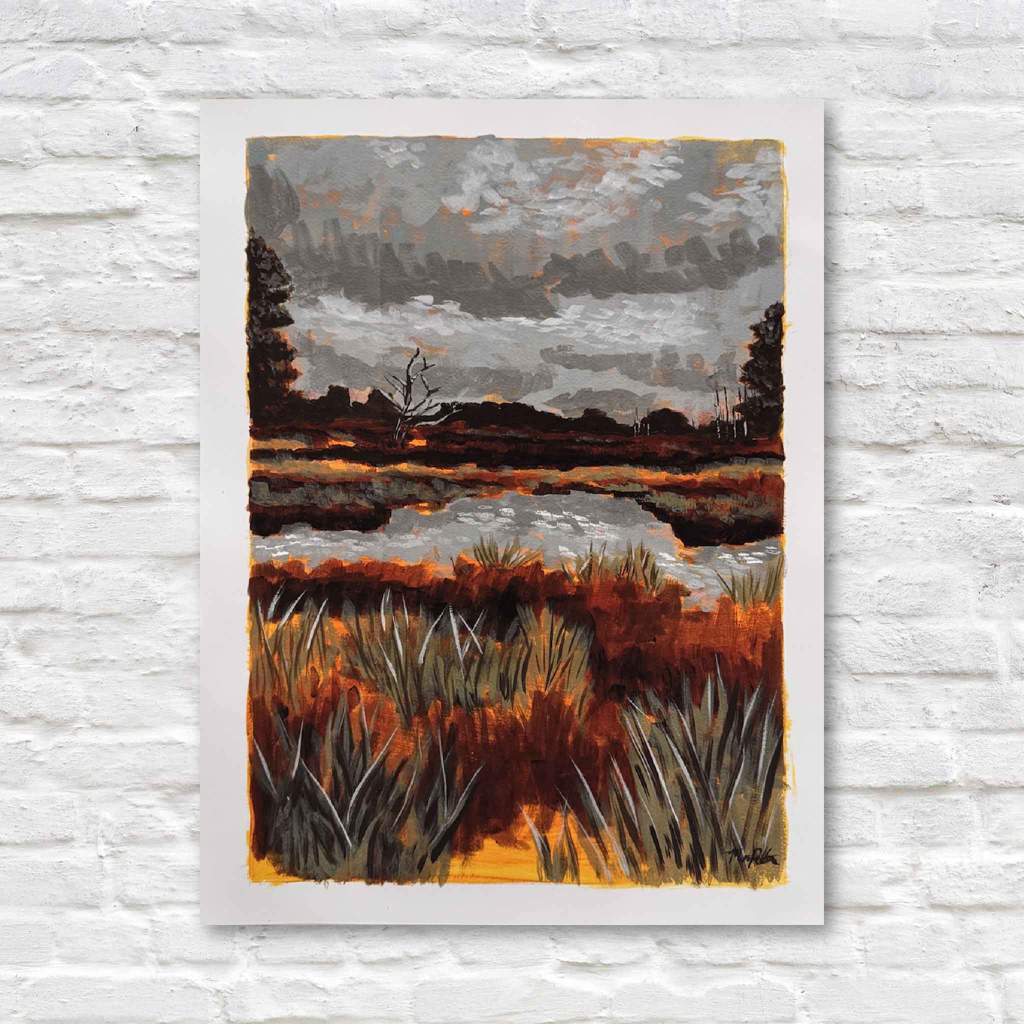 “Oyster Landing Basin” fine art print by local artist Maggie Pelton featuring a Lowcountry marsh landscape, displayed at Gray Man Gallery in Pawleys Island, South Carolina