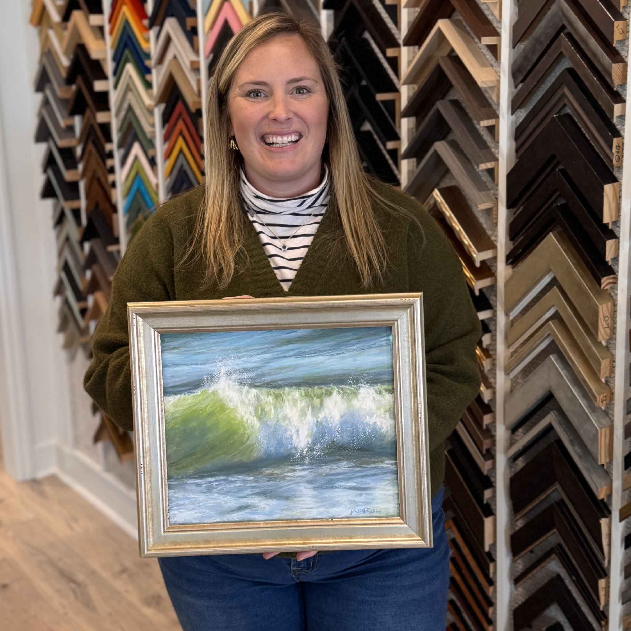 Pawleys Greens by local artist Joanne Willoughby, original pastel wave painting shown framed and held inside Gray Man Gallery in Pawleys Island, SC