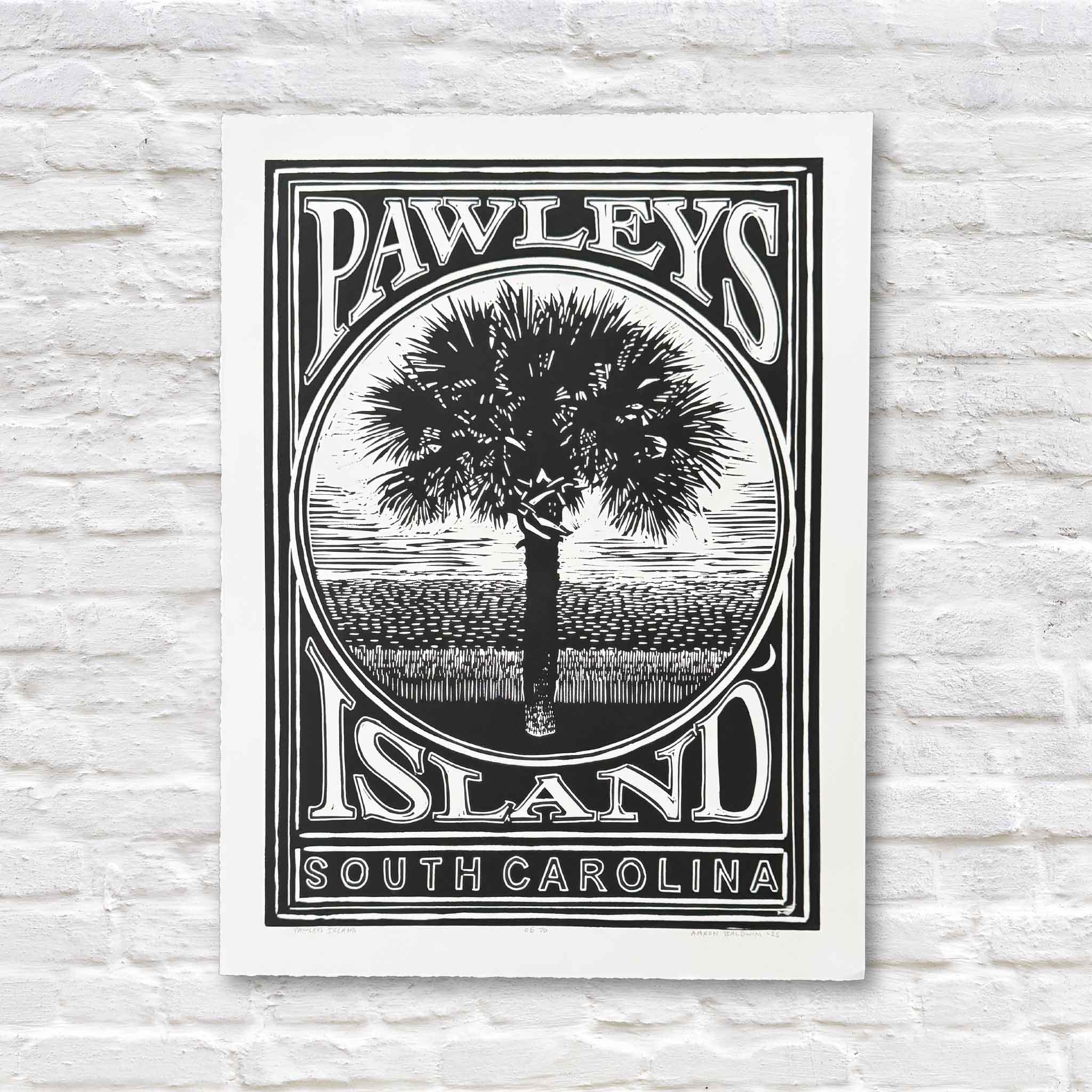 Pawleys Island linocut print by Aaron Baldwin in black ink, featuring a palmetto tree and Lowcountry marsh.