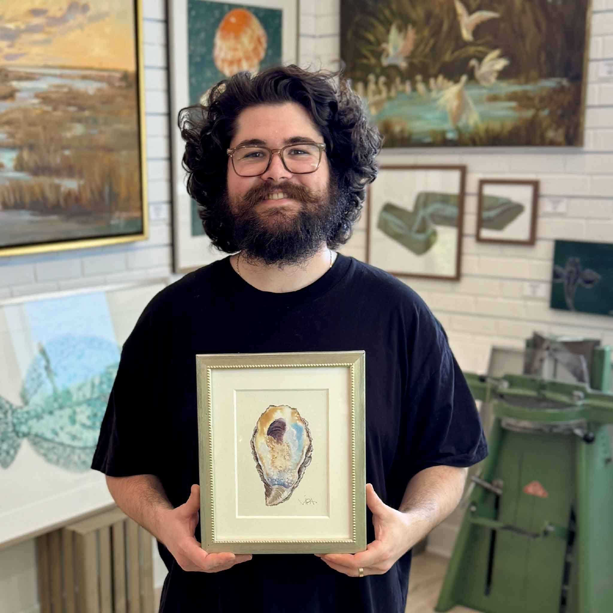 Pawleys Oyster IV original watercolor by Pawleys Island artist Vida Miller, featuring a single Lowcountry oyster shell painted in luminous blue, violet, ochre, cream, and gray, professionally matted and finished in an antiqued metallic beaded frame at Gray Man Gallery in Pawleys Island, South Carolina.