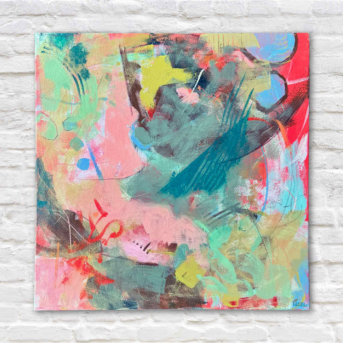 Peach Blossom, an original gallery-wrapped abstract acrylic painting by local South Carolina artist Susan Moore, featuring expressive brushstrokes, layered textures, and vibrant shades of peach, coral, blush pink, mint green, turquoise, teal, and blue. Unframed contemporary abstract canvas photographed against a white brick wall at Gray Man Gallery in Pawleys Island, South Carolina.