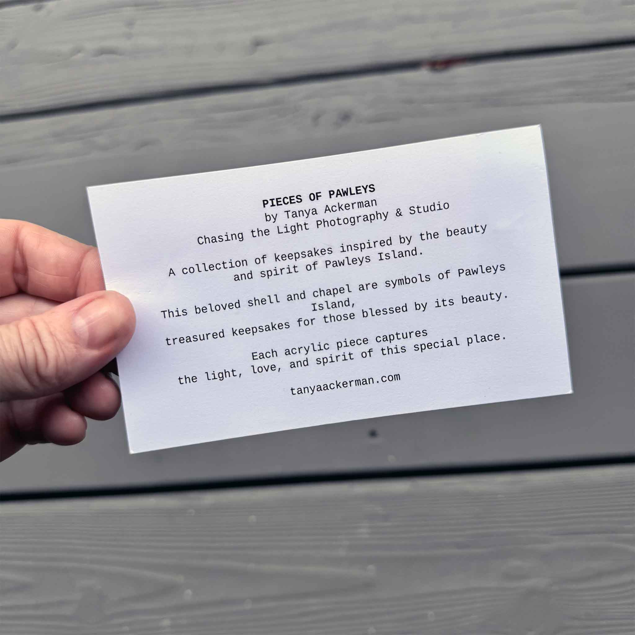 Information card for Pieces of Pawleys by Tanya Ackerman, describing acrylic keepsakes inspired by the light and spirit of Pawleys Island.