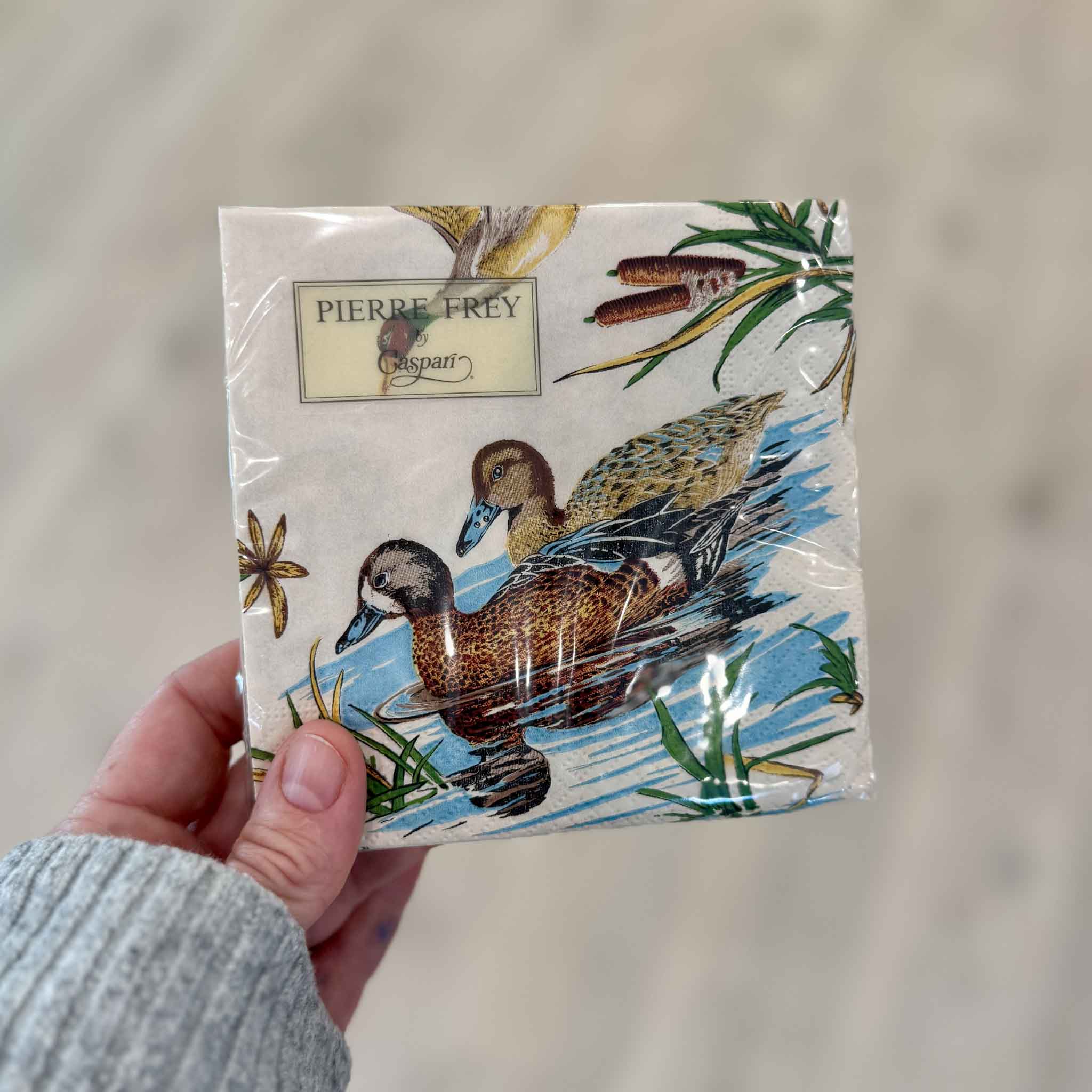 Packaged Pierre Frey Sologne Cocktail Napkins by Caspari held inside Gray Man Gallery in Pawleys Island, South Carolina. The premium triple-ply paper napkins feature detailed artwork of ducks, marsh grasses, and waterfowl inspired by classic European sporting scenes and are beautifully wrapped for gifting or entertaining.