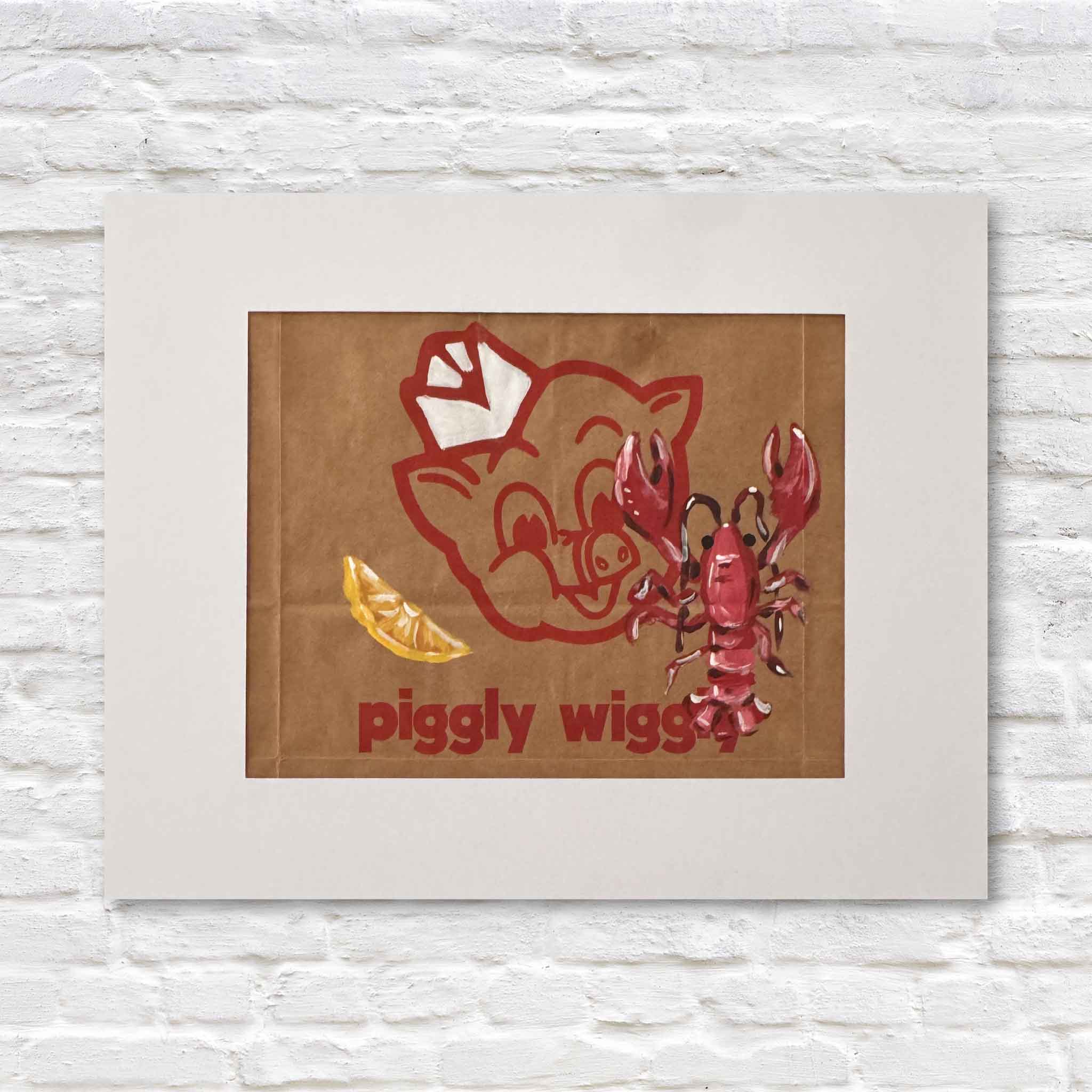 Original lobster and lemon artwork hand-painted by Jenny Reynolds on an authentic Piggly Wiggly grocery bag, matted and ready to frame.