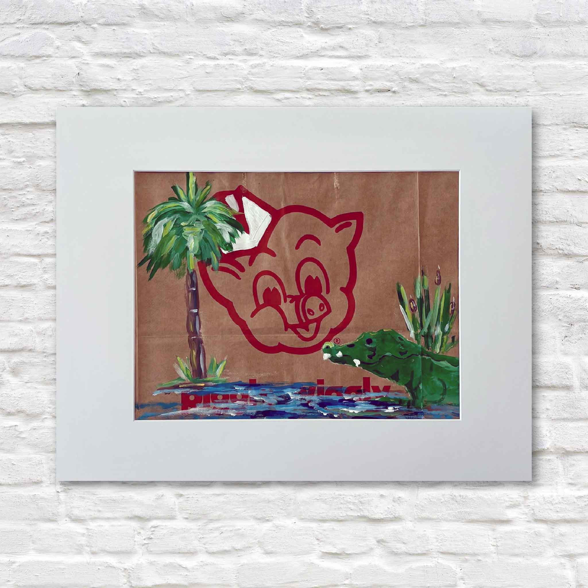 Piggly Wiggly Palmetto Gator painting by local artist Jenny Reynolds featuring iconic pig logo, palmetto tree, and alligator on authentic grocery bag at Gray Man Gallery
