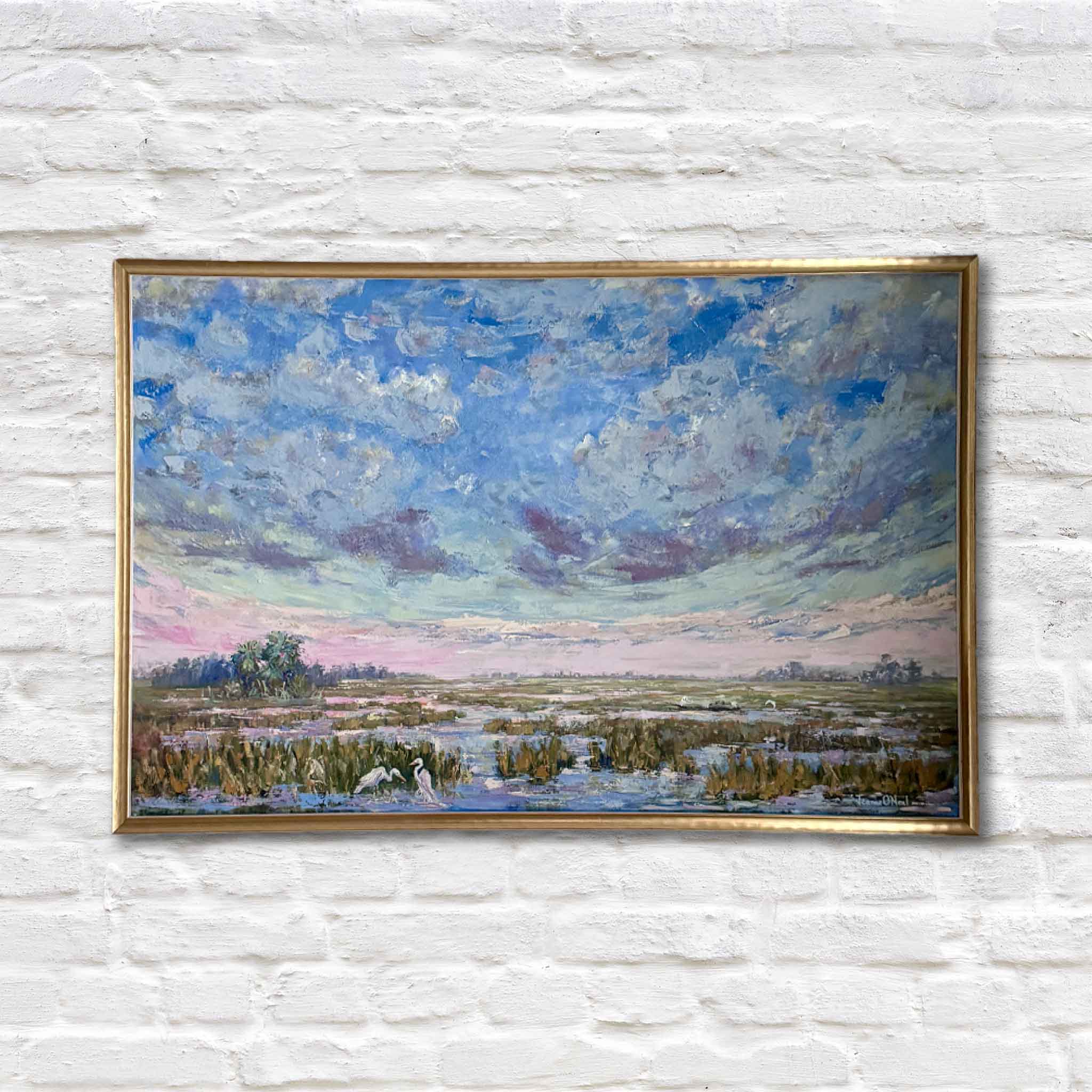 Pink Playground original 30x24 oil painting by Jeanne O’Neal featuring pink skies over a Pawleys Island marsh in a warm gold frame.