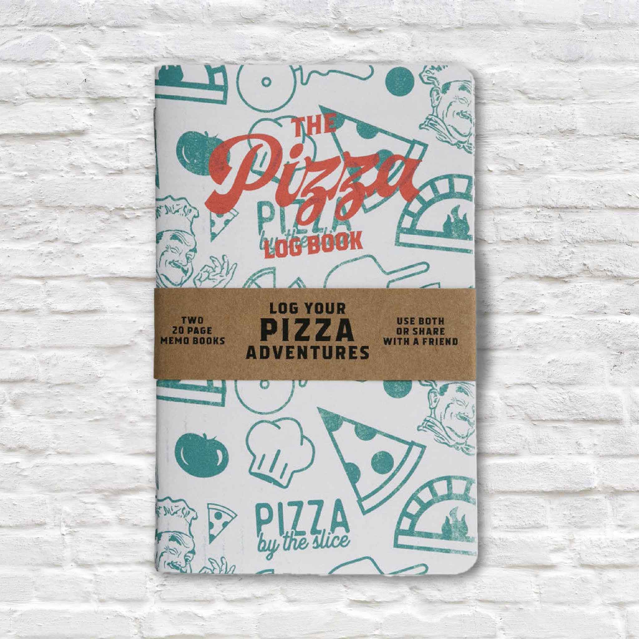 Pizza Log Book review journal set featuring two pocket-sized notebooks for tracking favorite pizza restaurants, slices, toppings, crust ratings, and memorable pizza nights. Available at Gray Man Gallery in Pawleys Island, South Carolina.