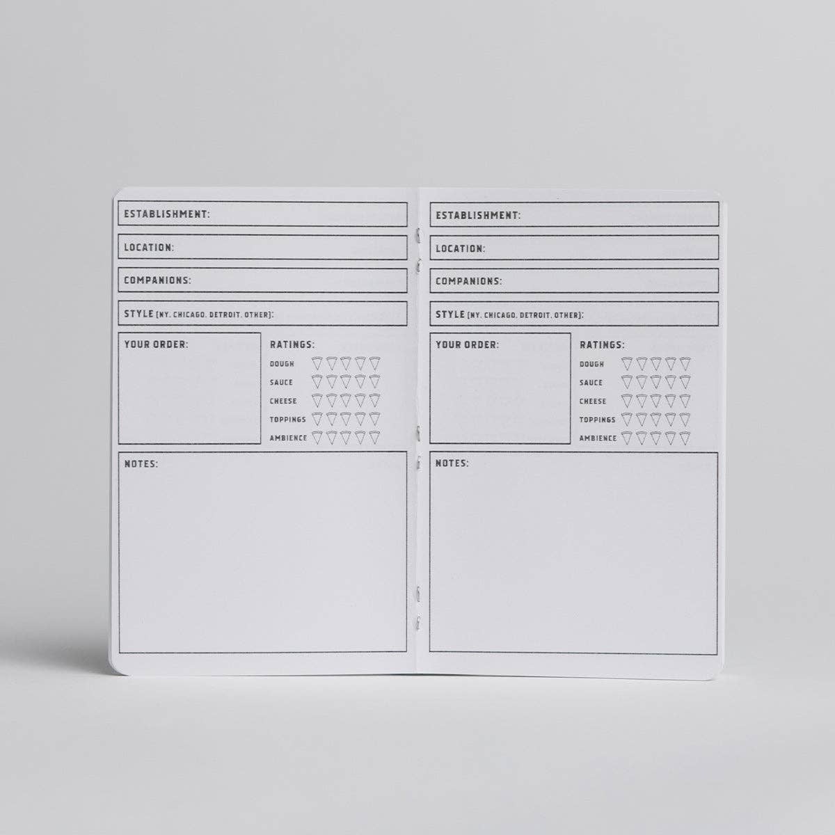Interior pages of a Pizza Log Book with sections for restaurant name, location, pizza order, crust rating, toppings, overall review, and notes. Pizza lover gift available at Gray Man Gallery in Pawleys Island.