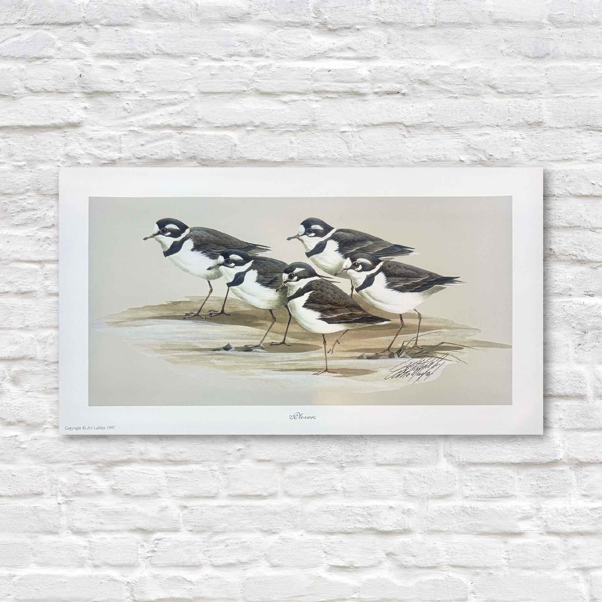 Signed and numbered fine art print titled “Plovers” by wildlife artist Art LaMay, depicting a group of coastal plovers standing along the shoreline, photographed flat to show detail, composition, and mat proportions at Gray Man Gallery in Pawleys Island, South Carolina