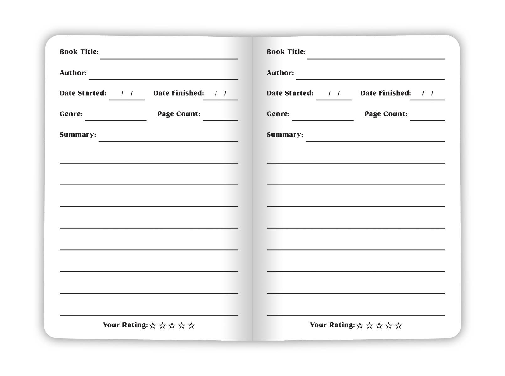 Interior pages of the Reading Log Book showing space to record book titles, authors, reading dates, favorite quotes, ratings, reviews, and personal reflections available at Gray Man Gallery.