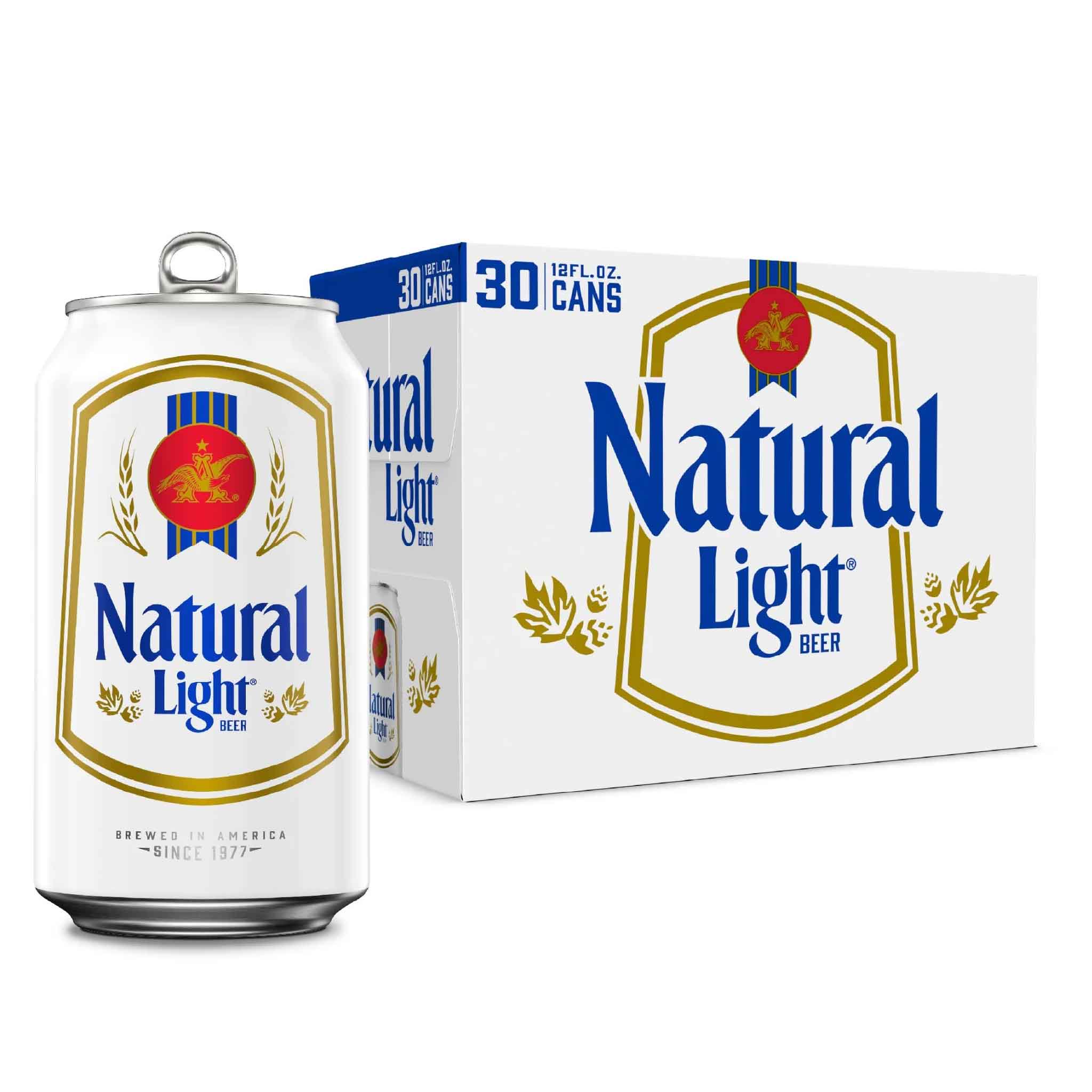 Natural Light beer can and 30-pack beer box showing the original reclaimed cardboard packaging used by Charleston artist Nick Kawcyznski as the foundation for his mixed media artworks Floundahs 'n Poundahs and Catties 'n Nattys at Gray Man Gallery in Pawleys Island, South Carolina.
