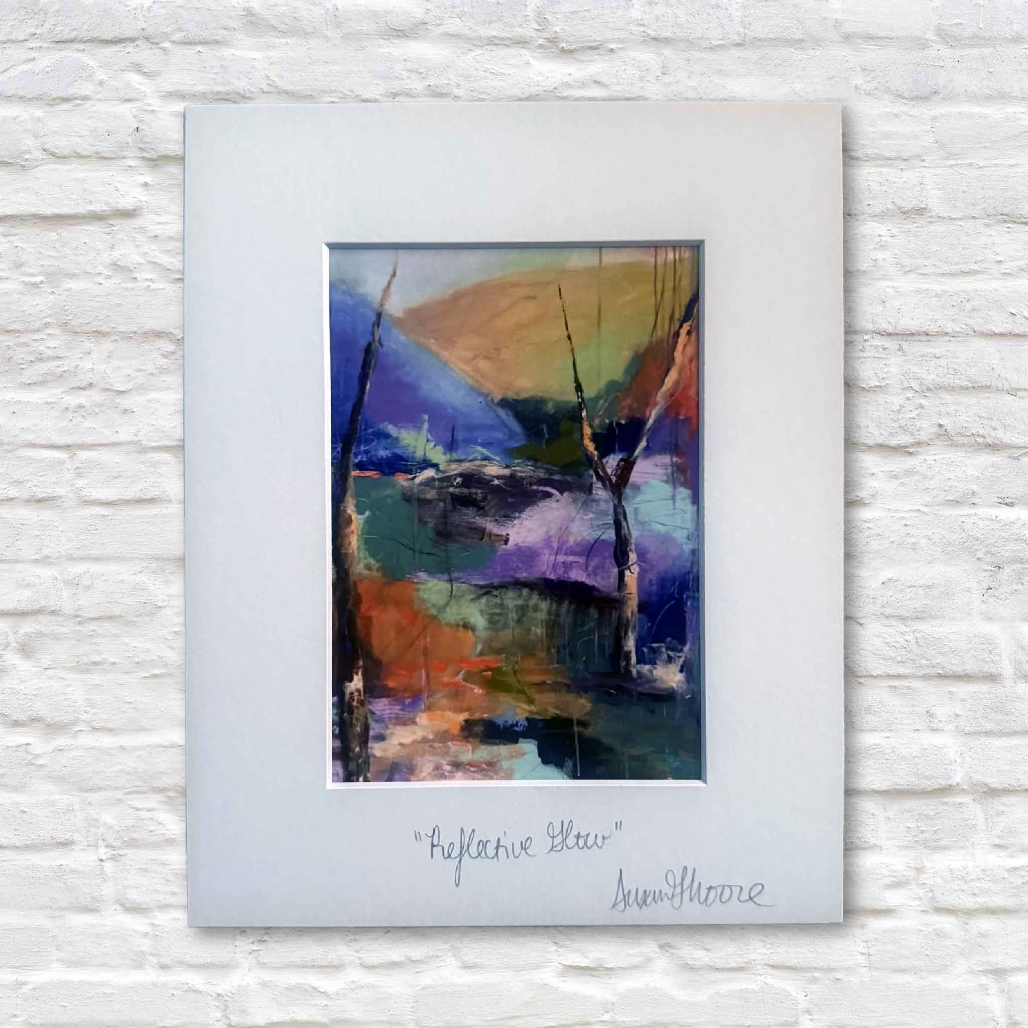 Fine art giclée print Reflective Glow by local artist Susan Moore, abstract Lowcountry coastal artwork professionally matted 8x10 and displayed at Gray Man Gallery in Pawleys Island South Carolina