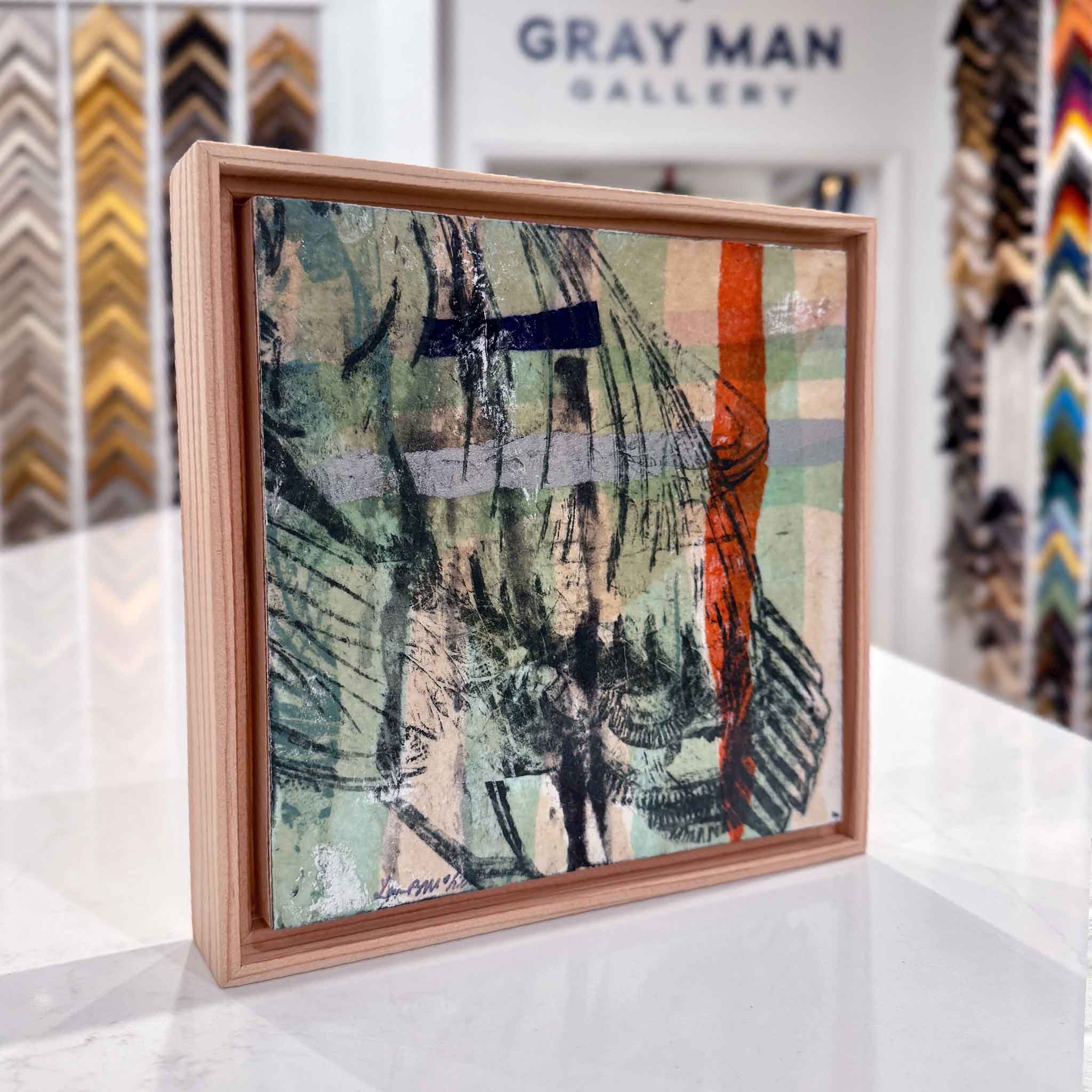 Side view of Residuals 3B showing layered textures and rustic wooden floater frame on display at Gray Man Gallery.