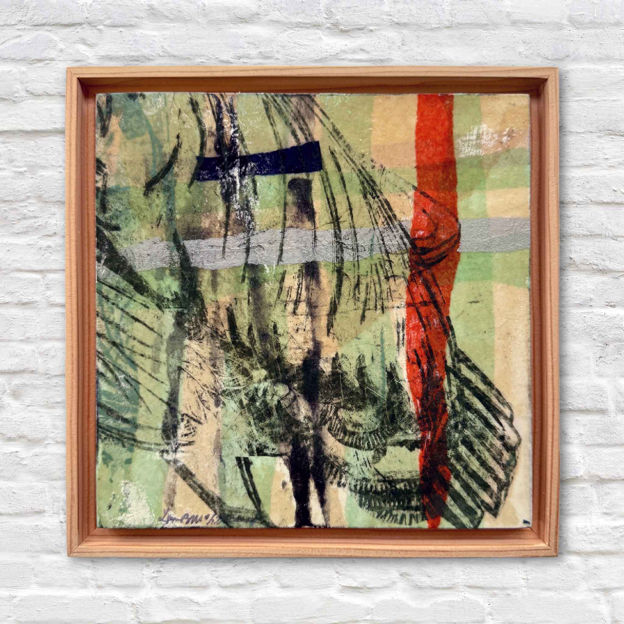 Mixed-media artwork Residuals 3B by Laurie McIntosh in rustic wooden floater frame with layered green, red, and black abstract textures.