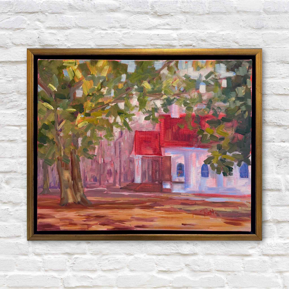 South Santee Church #160 original oil painting by local artist Retta Dotterer depicting a white South Carolina Lowcountry church with a vivid red roof beneath mature trees, framed and available at Gray Man Gallery in Pawleys Island, South Carolina.