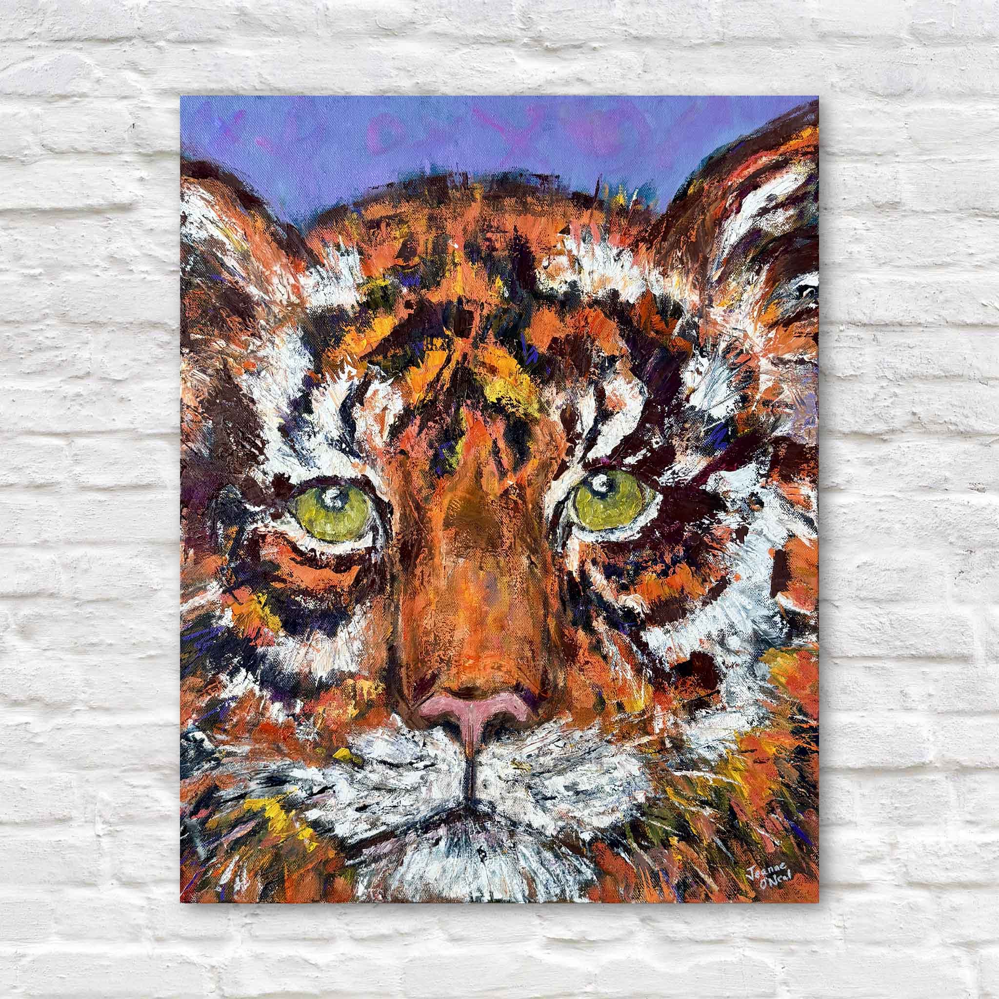 Roar by local artist Jeanne O’Neal is an original gallery-wrapped oil painting featuring a close-up tiger portrait painted in vivid orange, black, white, and violet tones with striking green eyes. Inspired by Clemson tiger energy and bold Southern spirit, this expressive contemporary animal painting is available at Gray Man Gallery in Pawleys Island, South Carolina.
