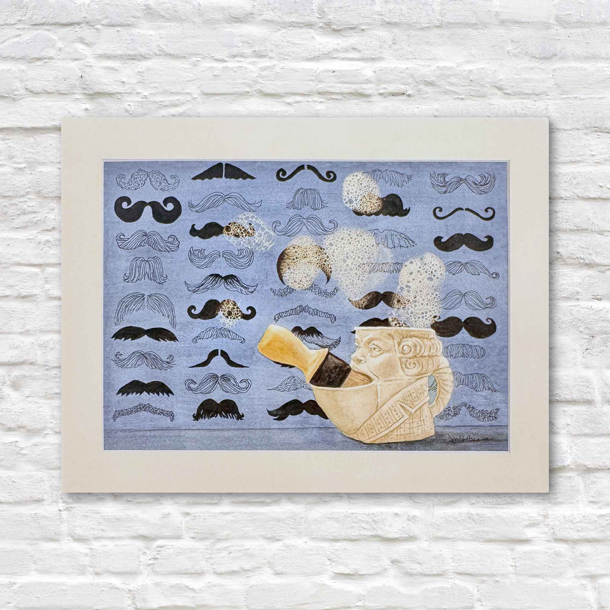 Print of Mimi Beaver’s whimsical watercolor featuring a classical shaving mug with bubbles and rows of illustrated mustaches in various styles, donated to support senior dogs.