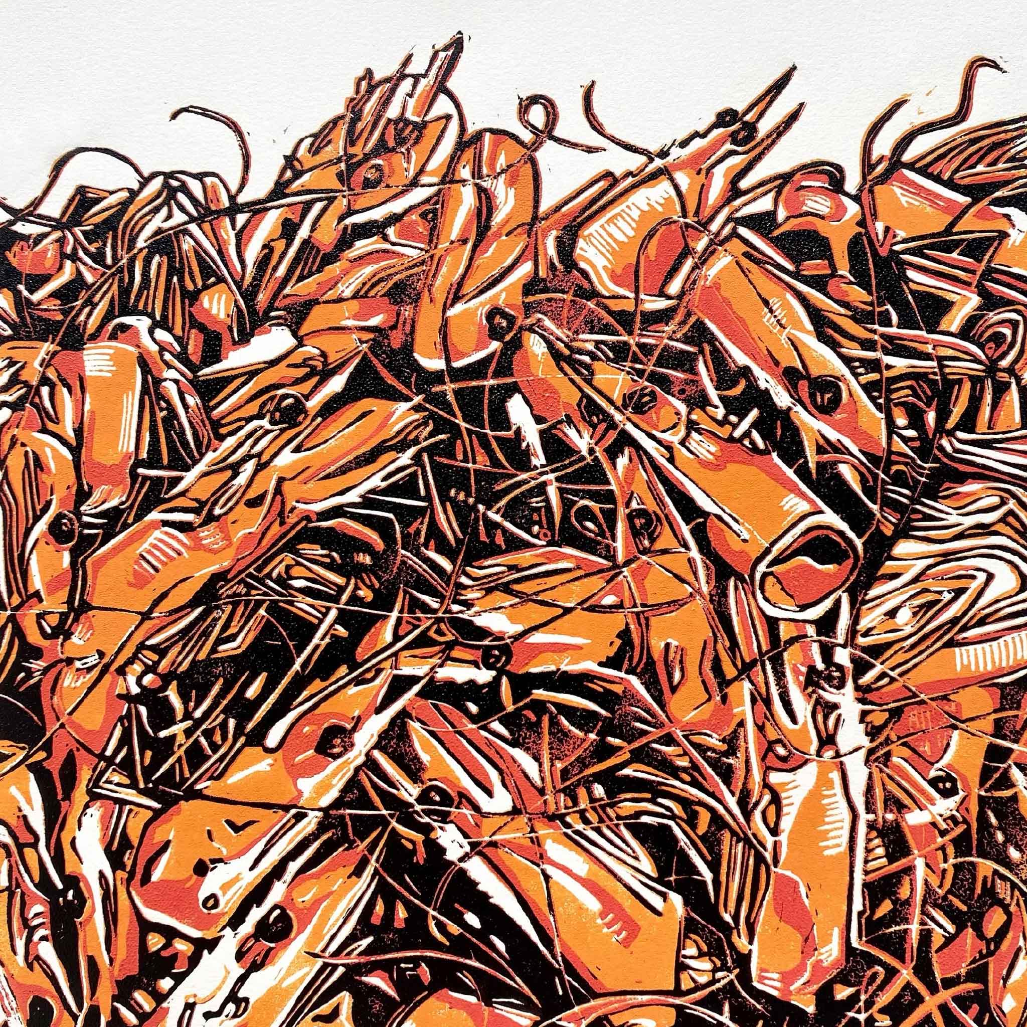 Close-up detail of Laurie McIntosh’s Shrimp Stock original linocut showing layered shrimp shells, antennae, orange tones, coastal seafood texture, Lowcountry art print.