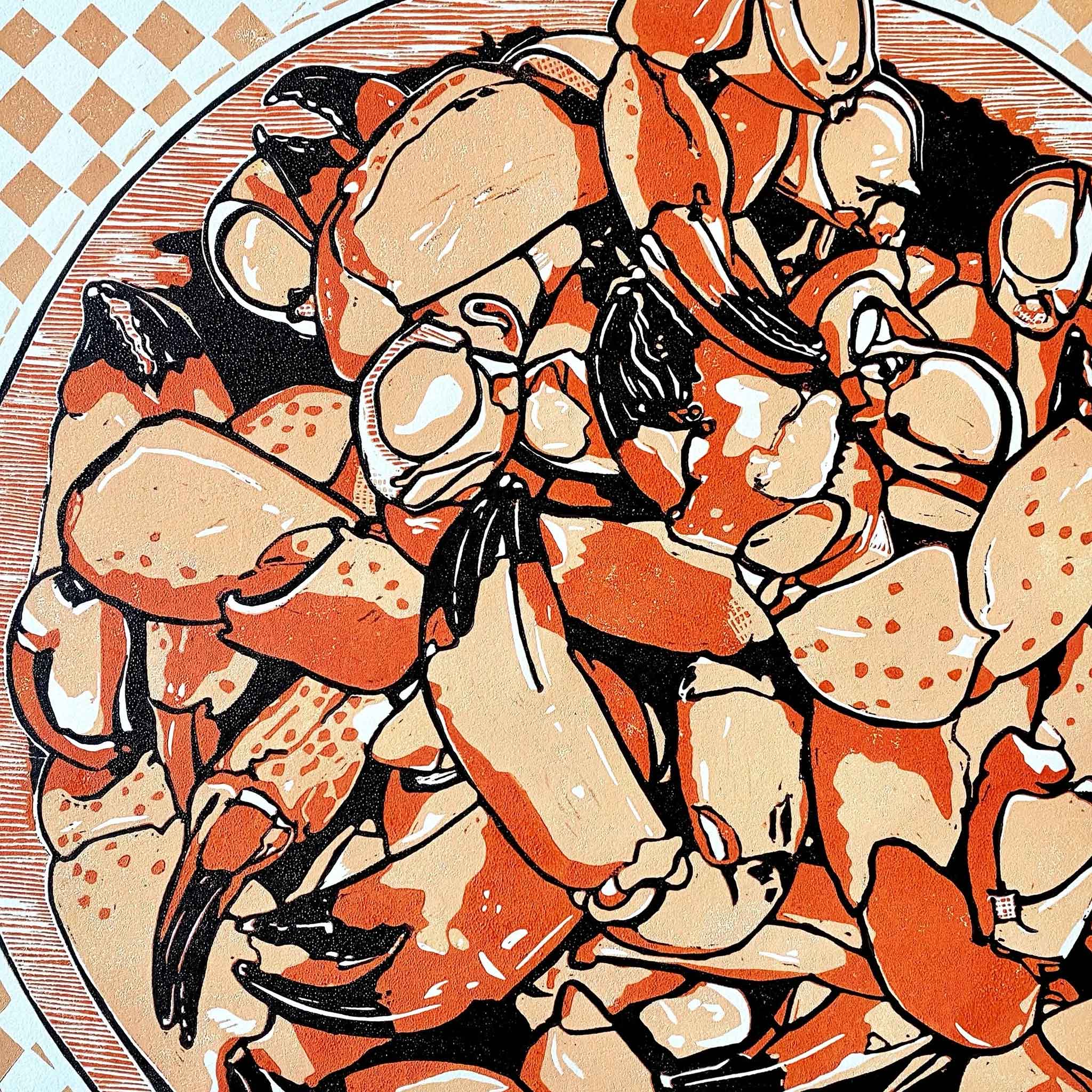 lowcountry art stone crab claws linocut