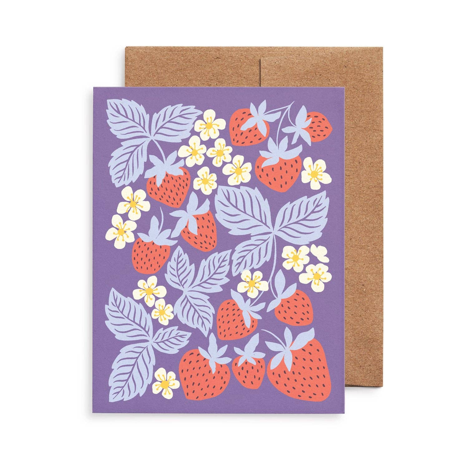 Strawberry Patch greeting card from the Farmers Market boxed set by Chrissie Van Hoever featuring ripe strawberries and blossoms with a recycled kraft envelope. Available at Gray Man Gallery in Pawleys Island, South Carolina.