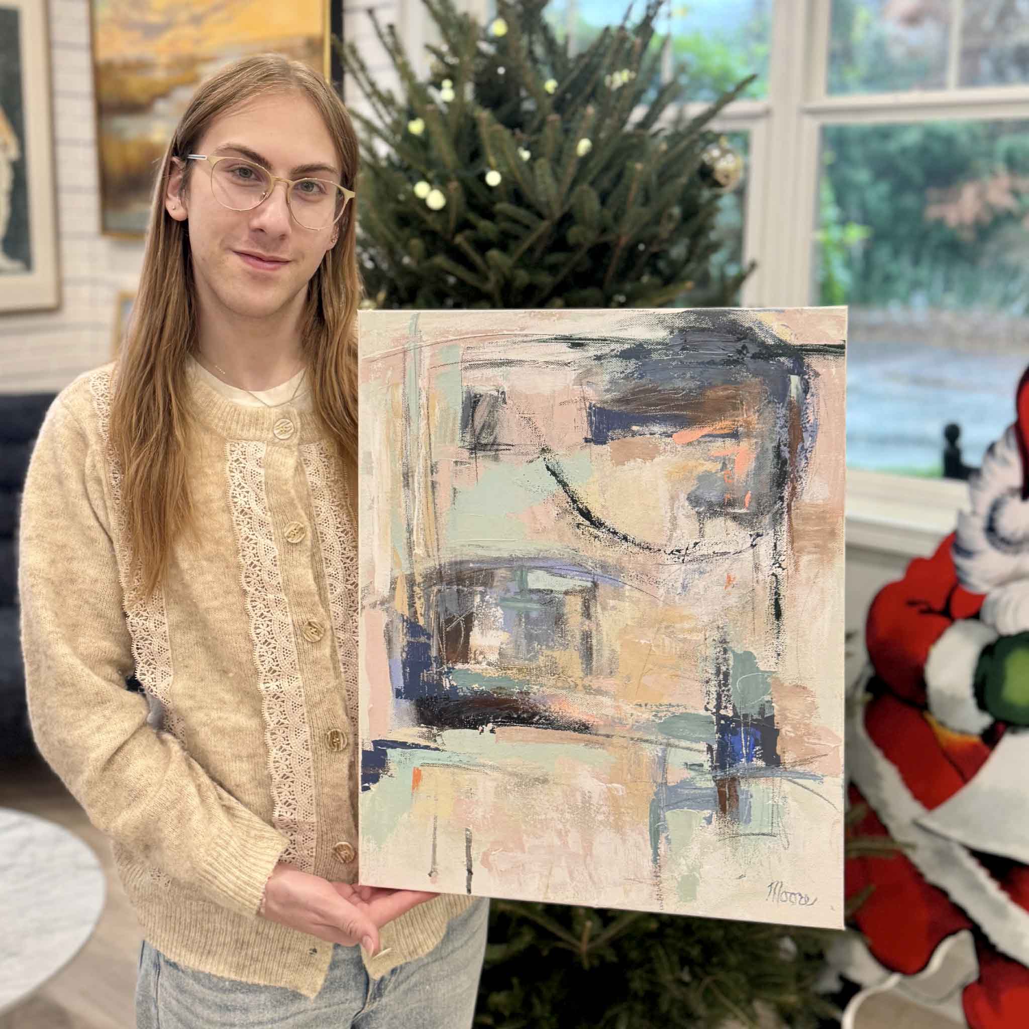 Original abstract painting “Sweet Dreams” by Susan Moore displayed inside Gray Man Gallery.