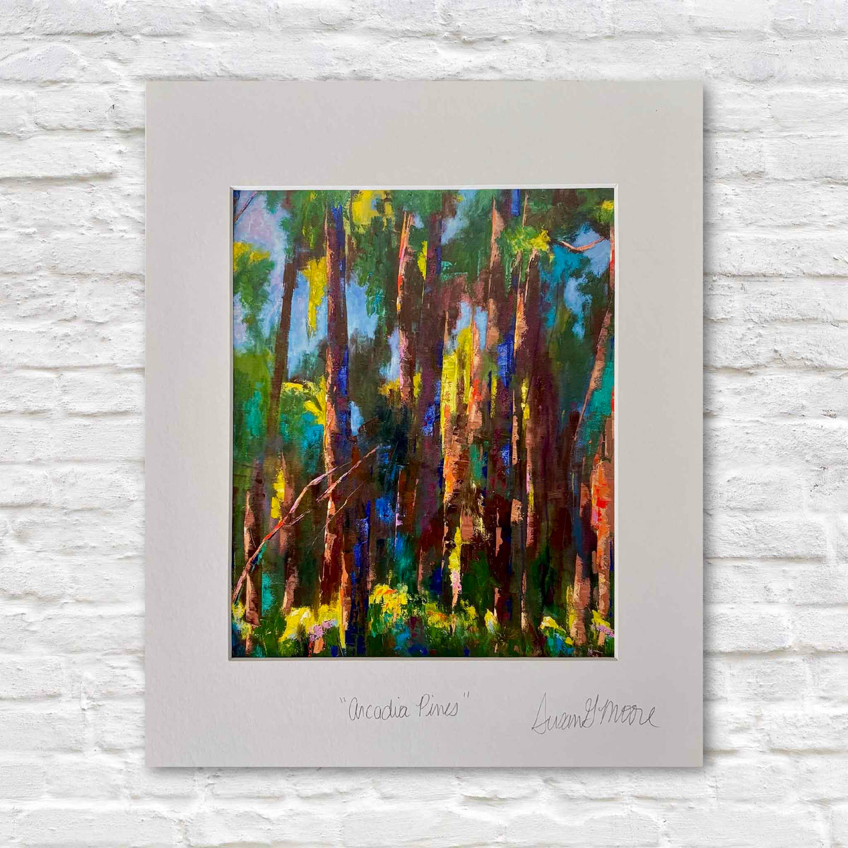 Arcadia Pines fine art giclée print by Susan Moore depicting a colorful pine forest in vivid greens, blues, golds, violets and warm earth tones, professionally matted and personally titled and signed by the artist, available at Gray Man Gallery in Pawleys Island, South Carolina.