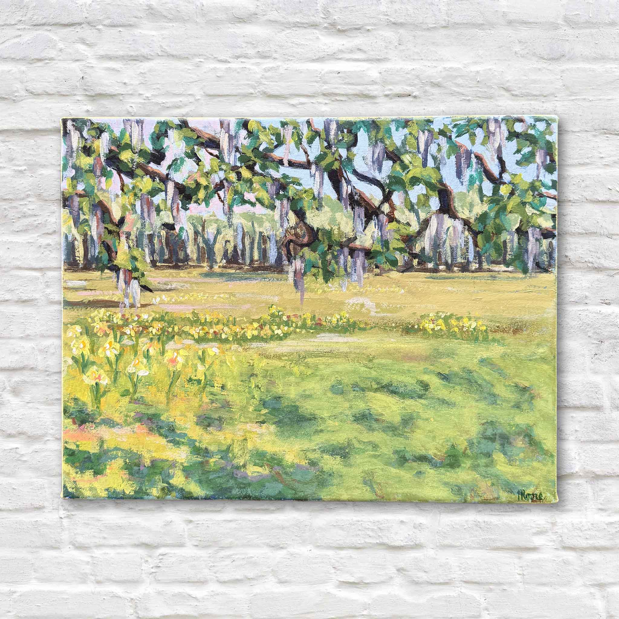 Spring Under the Oaks by local artist Susan Moore original acrylic landscape painting featuring live oak trees with Spanish moss and yellow spring flowers at Brookgreen Gardens displayed at Gray Man Gallery Pawleys Island