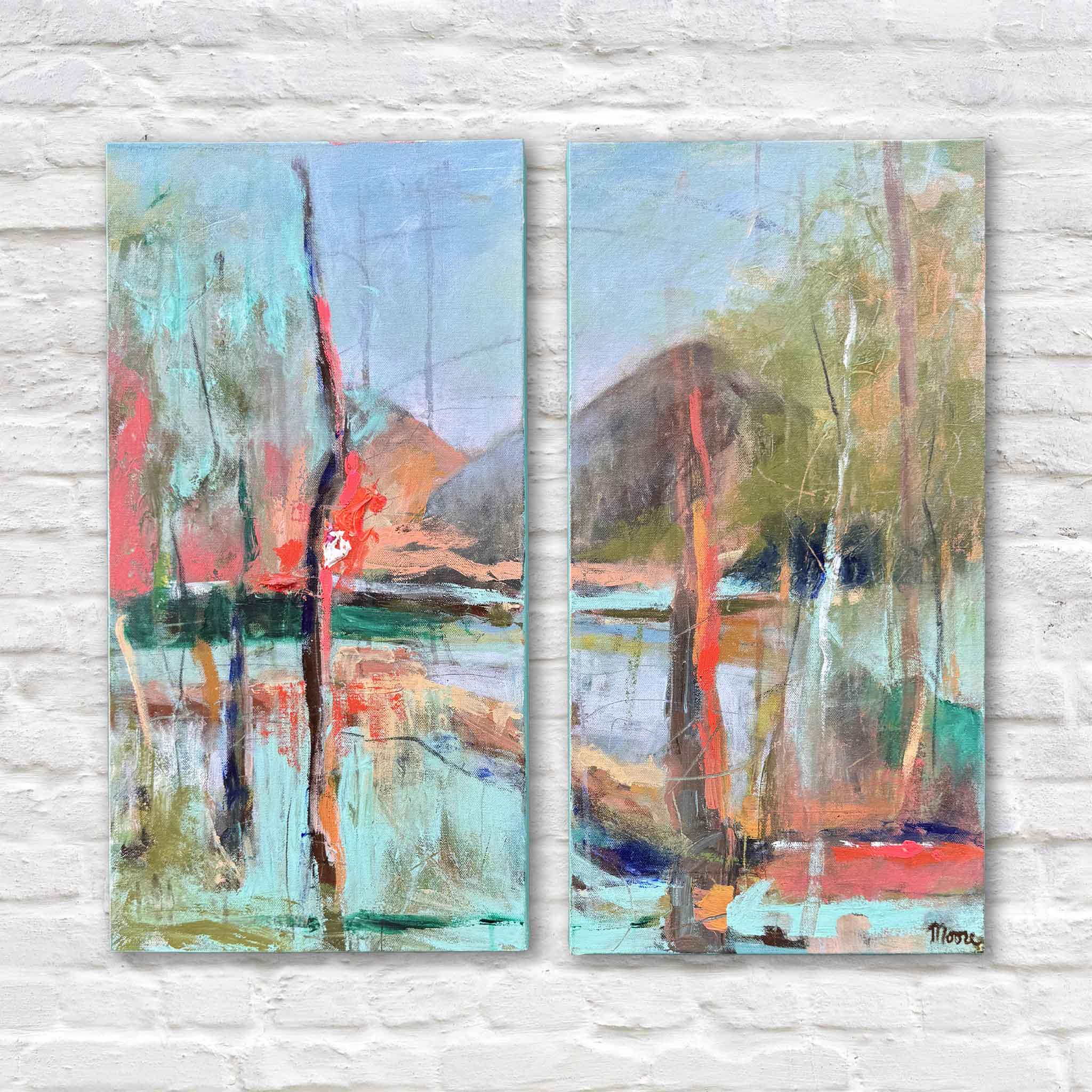 Summer Cypress by Susan Moore diptych of two abstract acrylic paintings featuring turquoise blue water tones, vertical cypress-like forms, and coral accents on two 12x24 gallery wrapped canvases at Gray Man Gallery Pawleys Island
